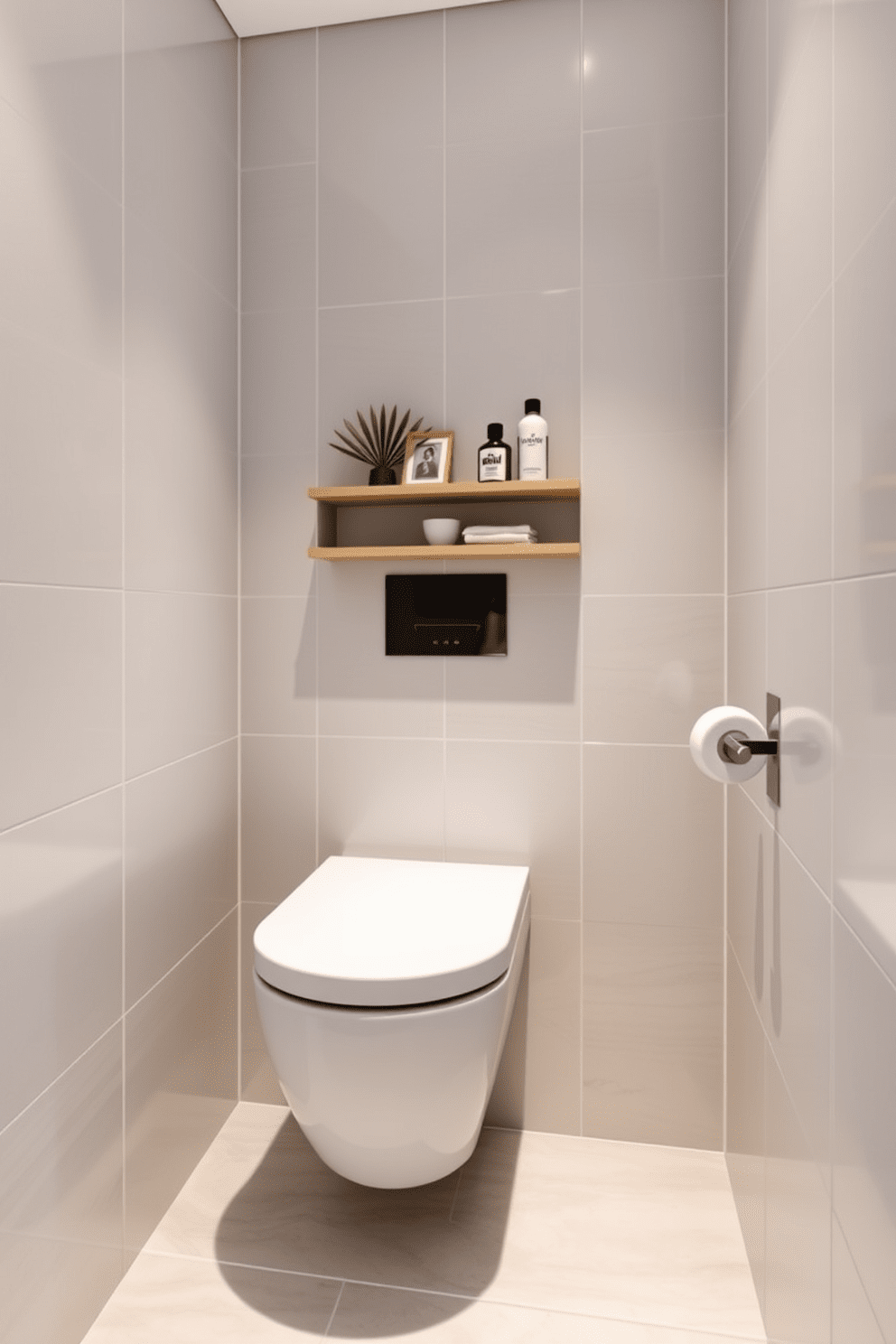 A compact toilet design is seamlessly integrated into a modern apartment bathroom. The toilet features a sleek, wall-mounted style that maximizes floor space while offering a minimalist aesthetic. The walls are adorned with light gray tiles that create a clean and fresh environment. A small, floating shelf above the toilet holds decorative items and essential toiletries, enhancing both functionality and style.