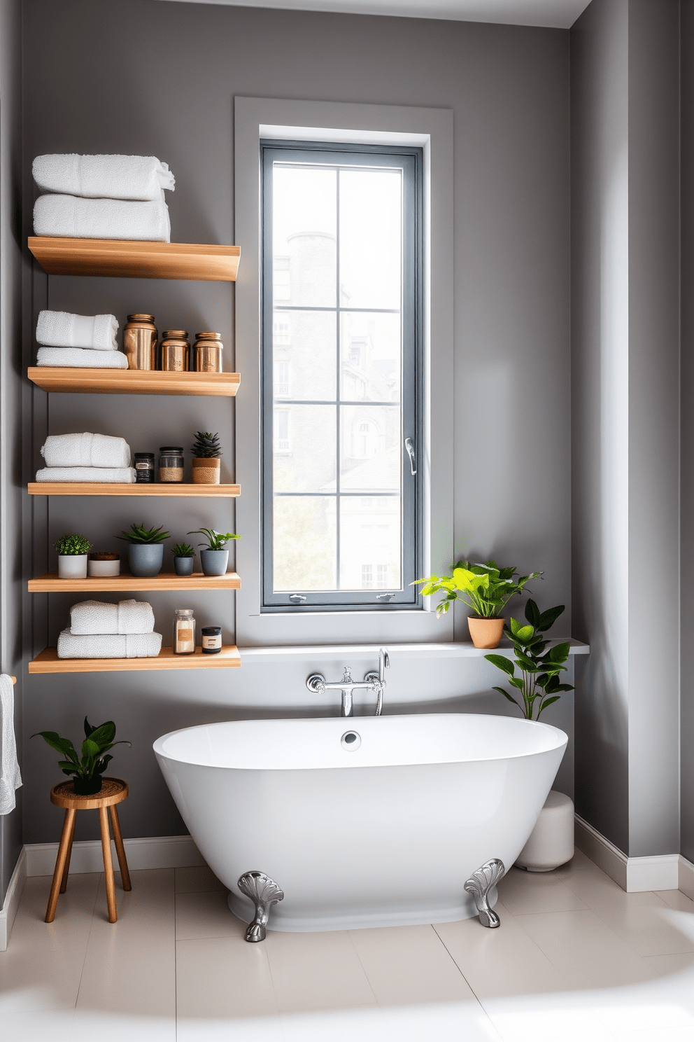 A modern apartment bathroom featuring open shelving for display. The shelves are filled with neatly arranged towels, decorative jars, and small potted plants, creating a vibrant and inviting atmosphere. The walls are painted in a soft gray hue, complemented by sleek white tiles on the floor. A stylish freestanding bathtub sits under a large window, allowing natural light to flood the space.