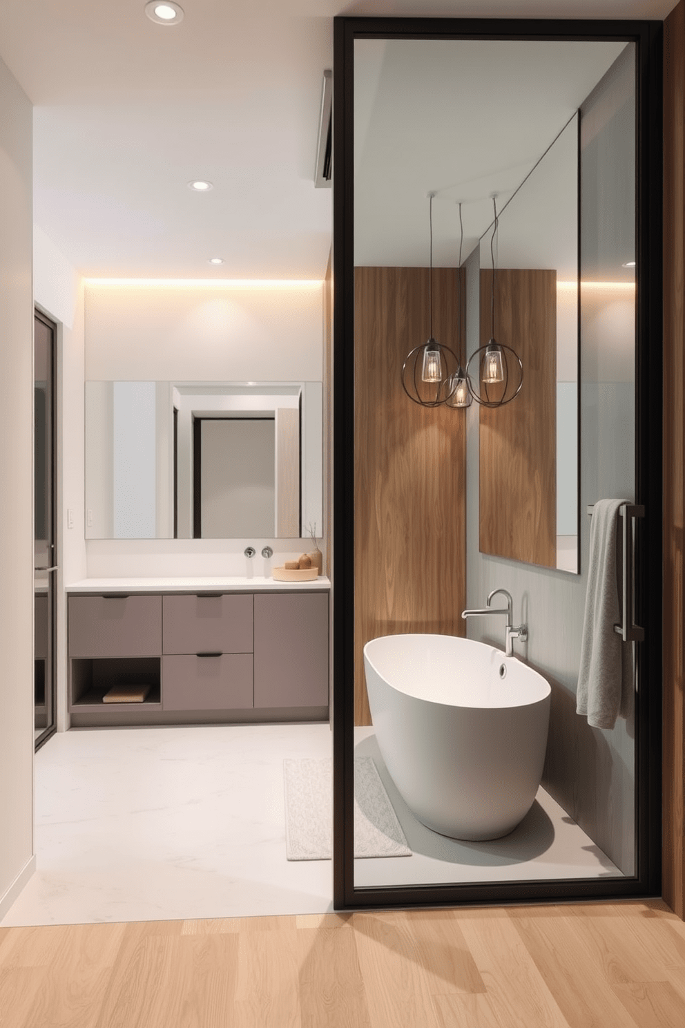 A modern apartment bathroom featuring a sliding glass door that maximizes space efficiency. The design incorporates sleek cabinetry with a minimalist aesthetic and a large mirror that enhances the room's openness. The color palette consists of soft grays and whites, complemented by warm wooden accents. A freestanding bathtub rests against one wall, with stylish pendant lighting hanging above for a touch of elegance.