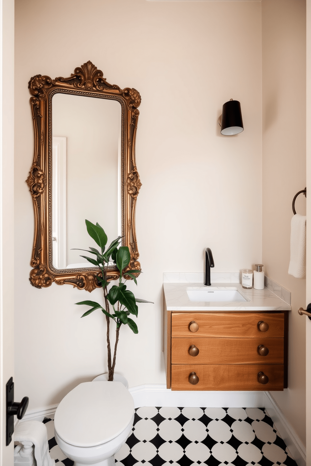 A stylish apartment bathroom featuring a vintage mirror with an ornate frame that adds character to the space. The walls are painted in a soft pastel hue, complemented by modern fixtures and a sleek wooden vanity with a marble top. The floor is adorned with classic black and white tiles, creating a timeless look. A potted plant sits in the corner, bringing a touch of greenery and warmth to the design.