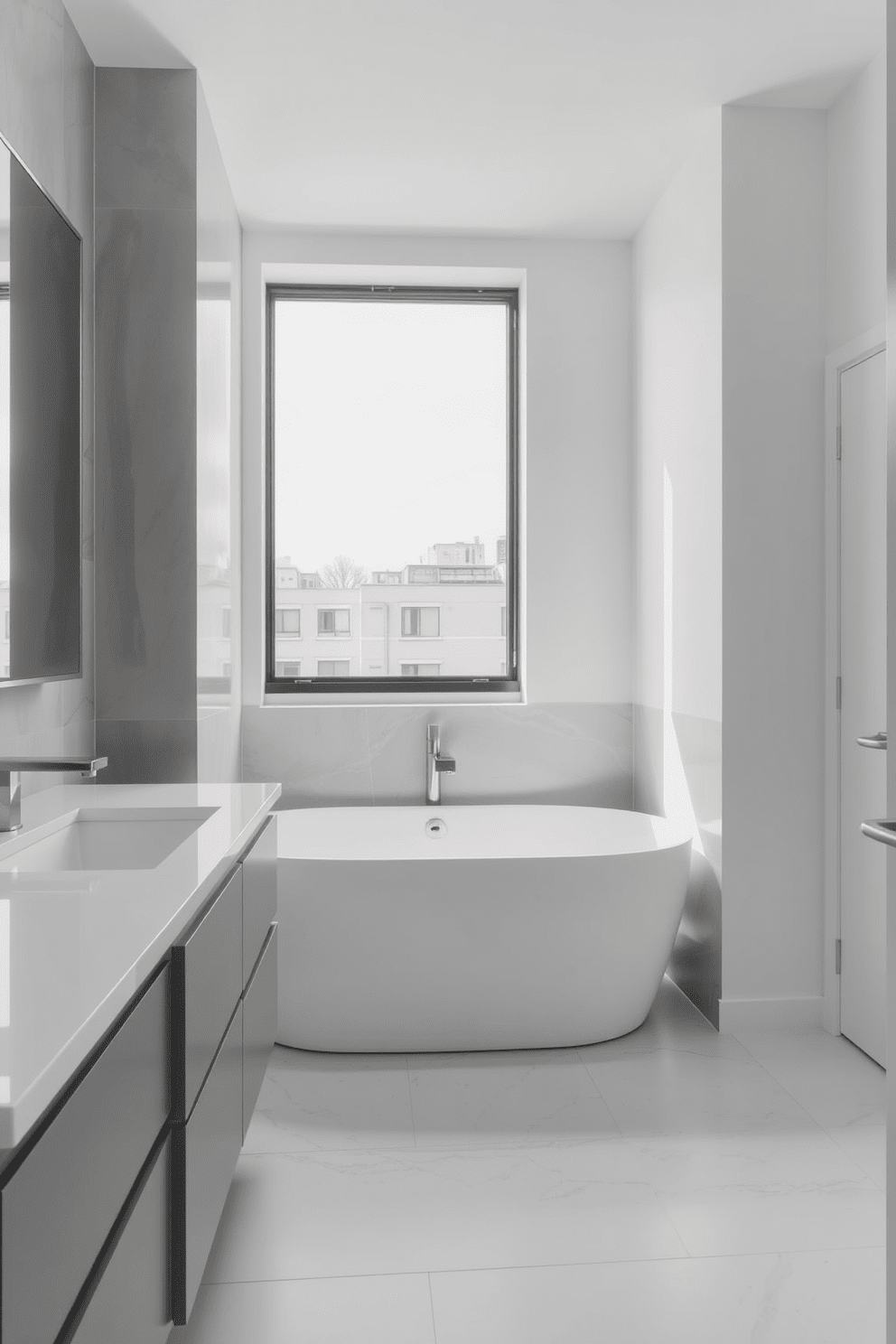 A serene apartment bathroom featuring a monochromatic color scheme in soft grays and whites. The walls are adorned with large format tiles, and a sleek freestanding tub sits center stage beneath a large window. A minimalist vanity with a white countertop and integrated sink complements the space. Above the vanity, a frameless mirror reflects the natural light, enhancing the overall brightness of the room.