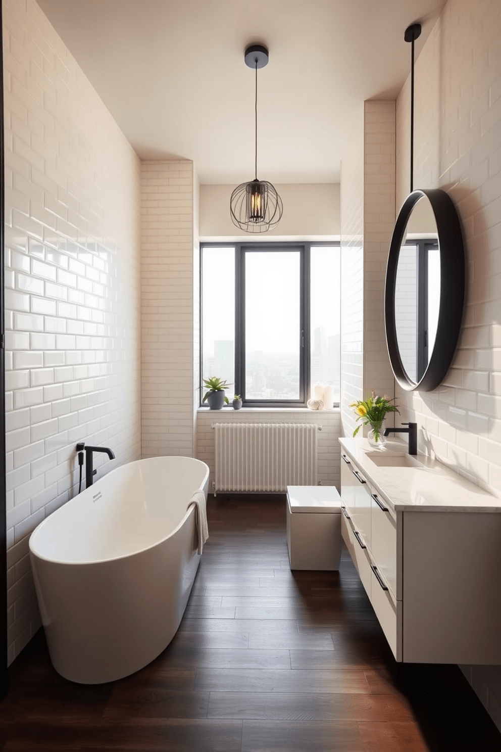 A stylish apartment bathroom featuring a sleek freestanding bathtub positioned near a large window that floods the space with natural light. The walls are adorned with elegant white subway tiles, and the floor is covered in dark wood for a warm contrast. A modern vanity with a quartz countertop and undermount sink is placed against one wall, complemented by a large round mirror with a matte black frame. A statement light fixture hangs above the vanity, casting a soft glow and adding a touch of sophistication to the design.