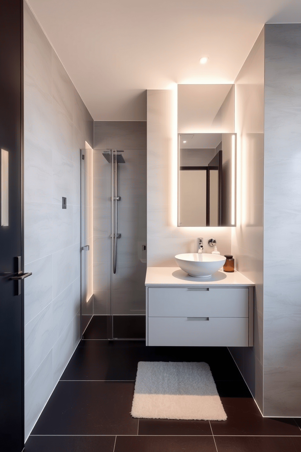 A modern apartment bathroom featuring a built-in shower niche with sleek glass doors. The walls are adorned with large format tiles in a soft gray tone, while the floor showcases a contrasting dark tile for added depth. The vanity is a floating design with a quartz countertop and a stylish vessel sink. Above the vanity, a minimalist mirror is framed by warm LED lighting, creating a bright and inviting atmosphere.