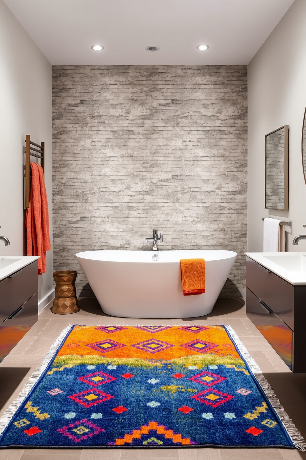 Choose a bold rug for warmth. The rug features vibrant colors and geometric patterns that complement the overall decor of the apartment bathroom. The bathroom is designed with sleek fixtures and a modern aesthetic. A freestanding tub sits elegantly against a wall adorned with textured tiles, providing a luxurious focal point.