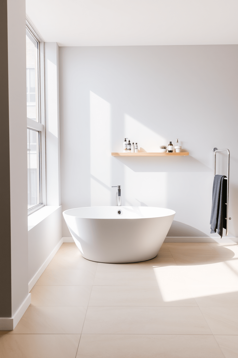 A serene apartment bathroom featuring a sleek white freestanding tub centered against a soft gray wall. Natural light floods the space through a large window, illuminating the simple wooden shelving holding neatly arranged toiletries. The floor is adorned with light beige tiles, creating a warm contrast to the cool tones of the walls. A small potted plant adds a touch of greenery on the windowsill, enhancing the minimalist aesthetic.