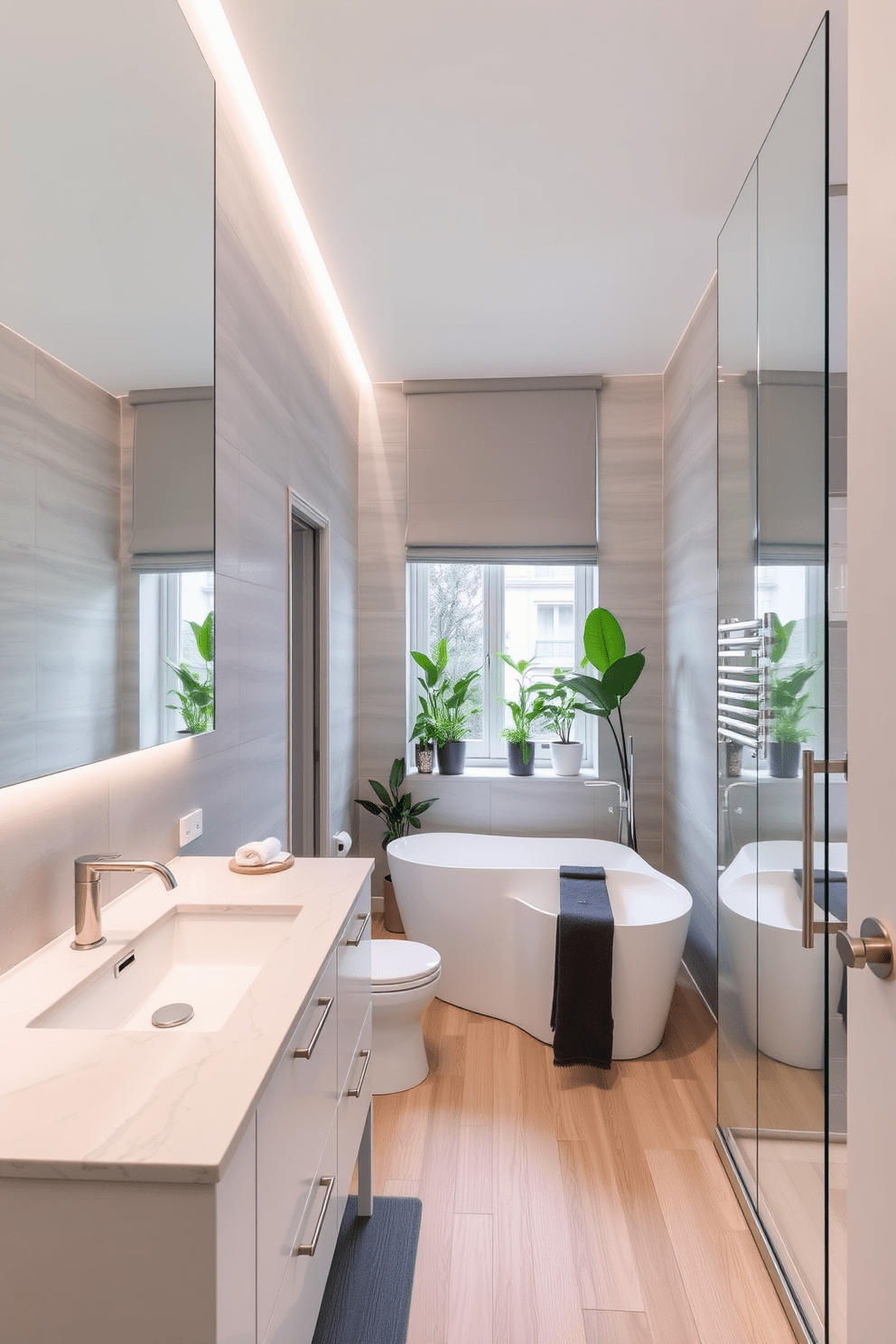 A stylish apartment bathroom featuring a large floor-to-ceiling mirror that enhances the sense of space and light. The design includes a sleek white vanity with a quartz countertop and a modern faucet, complemented by brushed nickel hardware. The walls are adorned with soft gray tiles that create a serene atmosphere, while the flooring showcases light wood for warmth. A contemporary freestanding bathtub sits invitingly beneath the window, surrounded by potted greenery for a touch of nature.