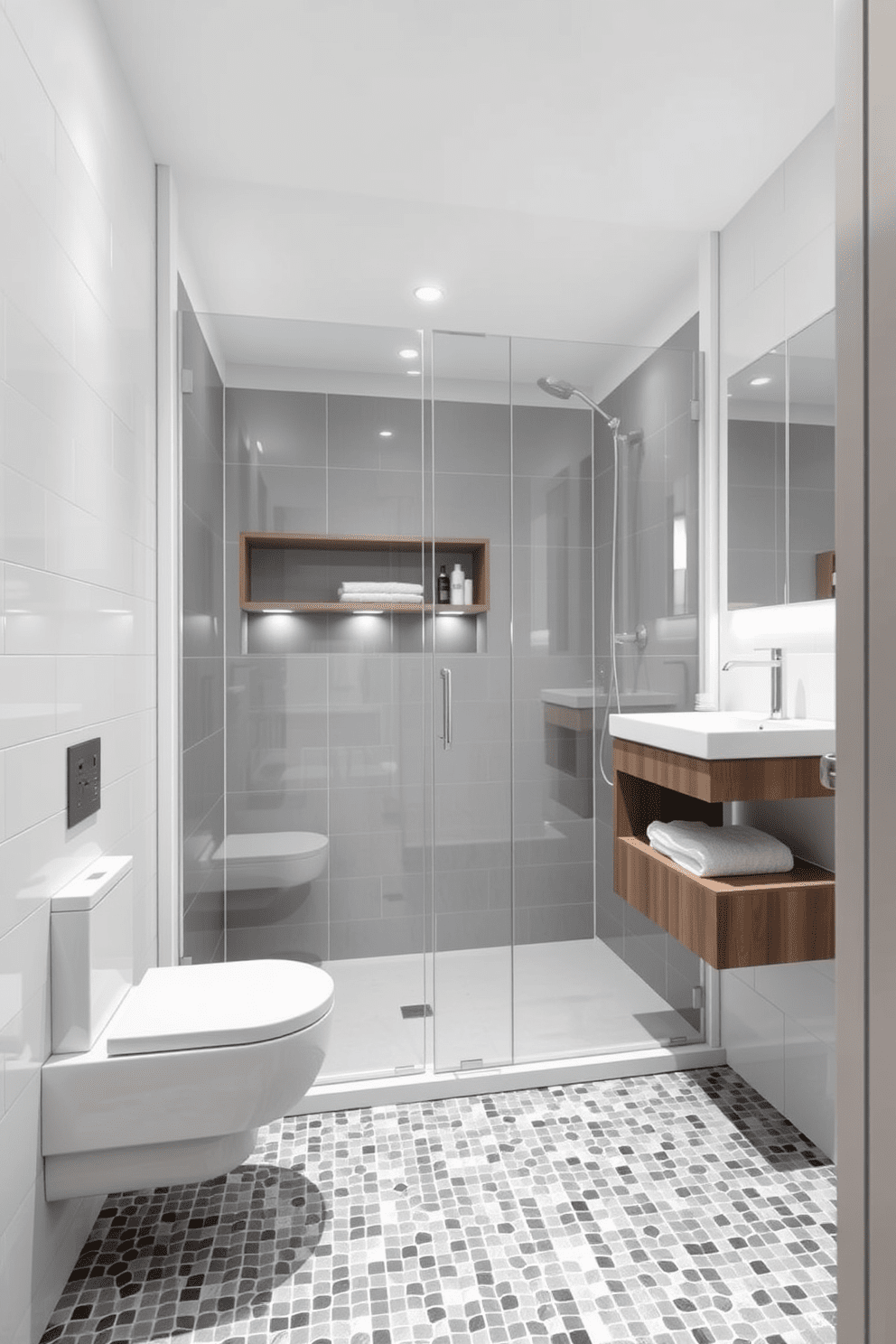 A modern apartment bathroom featuring a spacious walk-in shower with glass doors. The shower area includes built-in shelves for storage, neatly organizing toiletries and towels. The walls are adorned with sleek white tiles, while the floor boasts a stylish grey mosaic pattern. A floating vanity with a minimalist design complements the overall aesthetic, providing additional storage below.