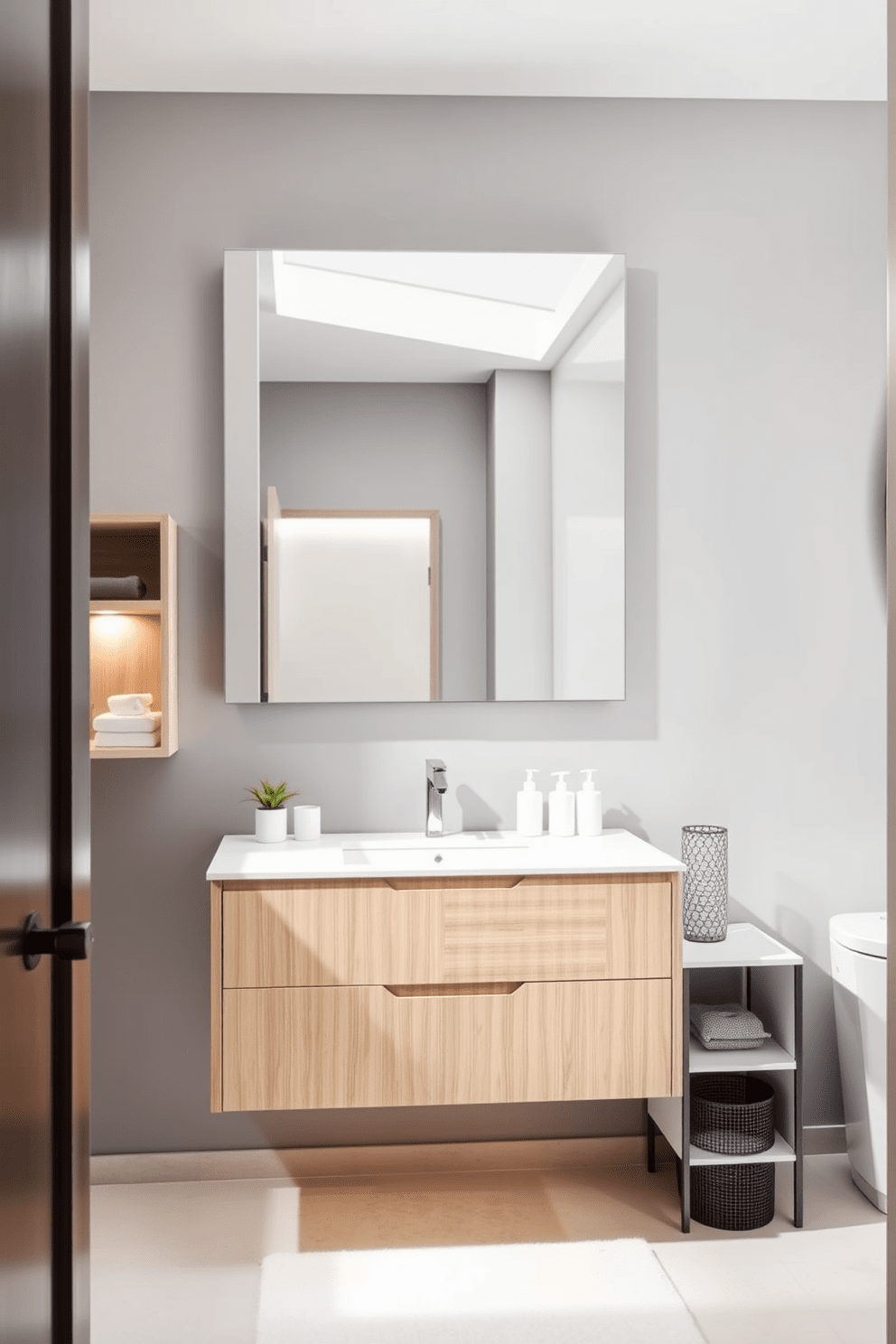 A modern apartment bathroom featuring a sleek floating vanity that maximizes space. The vanity is made of light wood with a white countertop, creating a clean and airy feel. Above the vanity, a large rectangular mirror reflects natural light, enhancing the room's brightness. The walls are painted in a soft gray, complemented by a minimalist shelving unit for added storage.