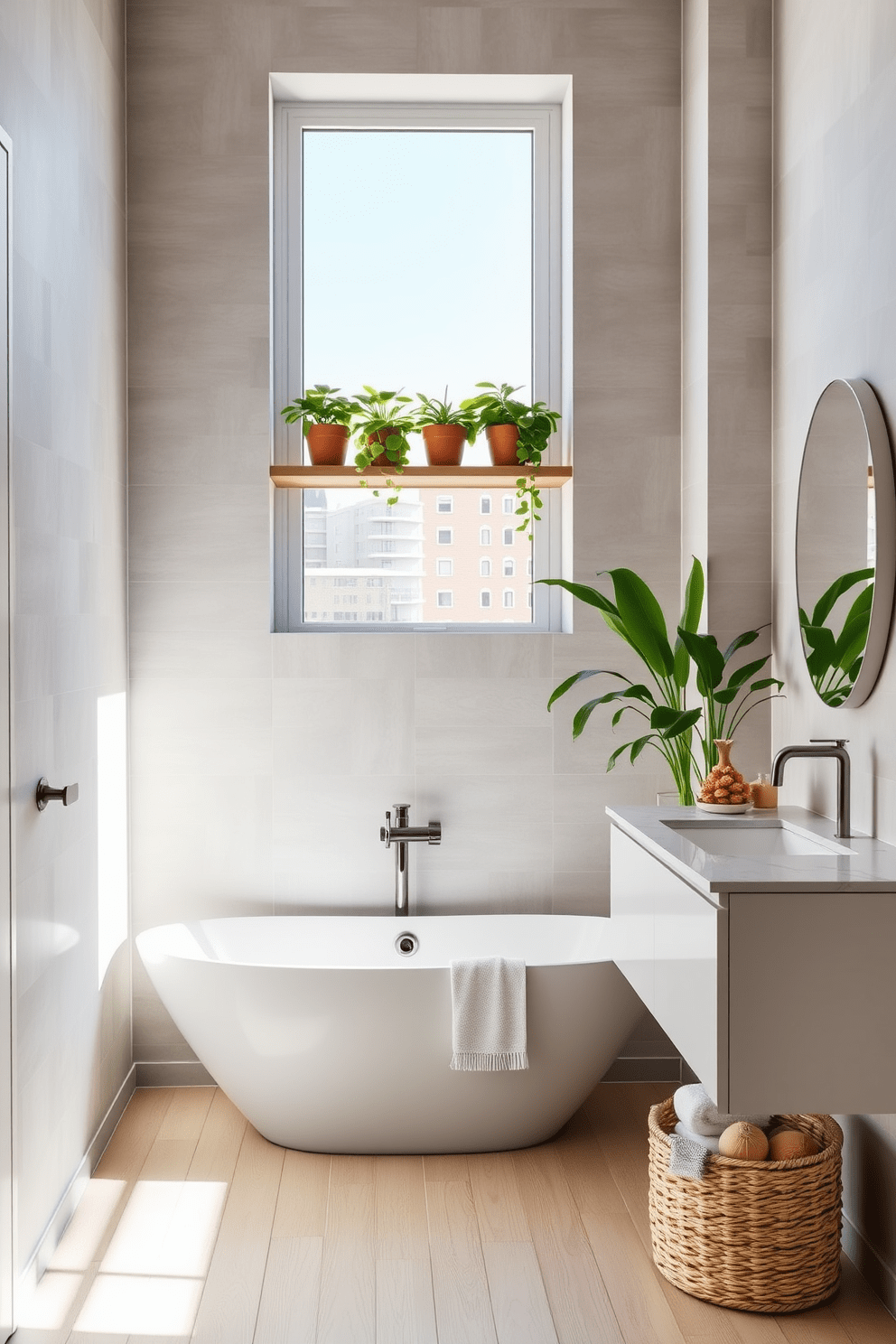 A serene apartment bathroom featuring a sleek freestanding tub positioned under a large window that allows natural light to flood the space. The walls are adorned with soft gray tiles, while a wooden shelf holds potted plants that bring a touch of nature indoors. A contemporary vanity with a white quartz countertop and a round mirror hangs above it, reflecting the lush greenery. The floor is covered in light-colored wood planks, and a woven basket filled with towels sits in the corner, enhancing the cozy atmosphere.