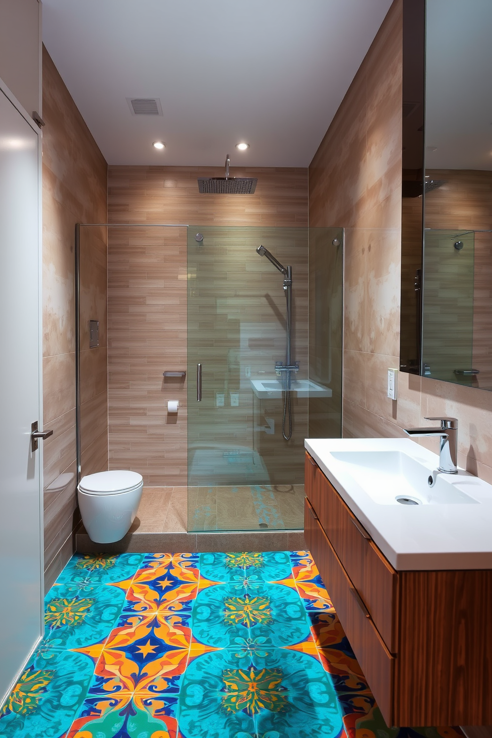 A stylish apartment bathroom featuring vibrant patterned tiles that create a striking visual interest on the floor. The walls are adorned with sleek, modern fixtures, and a floating vanity complements the overall aesthetic with a clean and contemporary look. The shower area is enclosed with clear glass, showcasing a rainfall showerhead that adds a touch of luxury. Soft, ambient lighting enhances the space, creating a warm and inviting atmosphere perfect for relaxation.