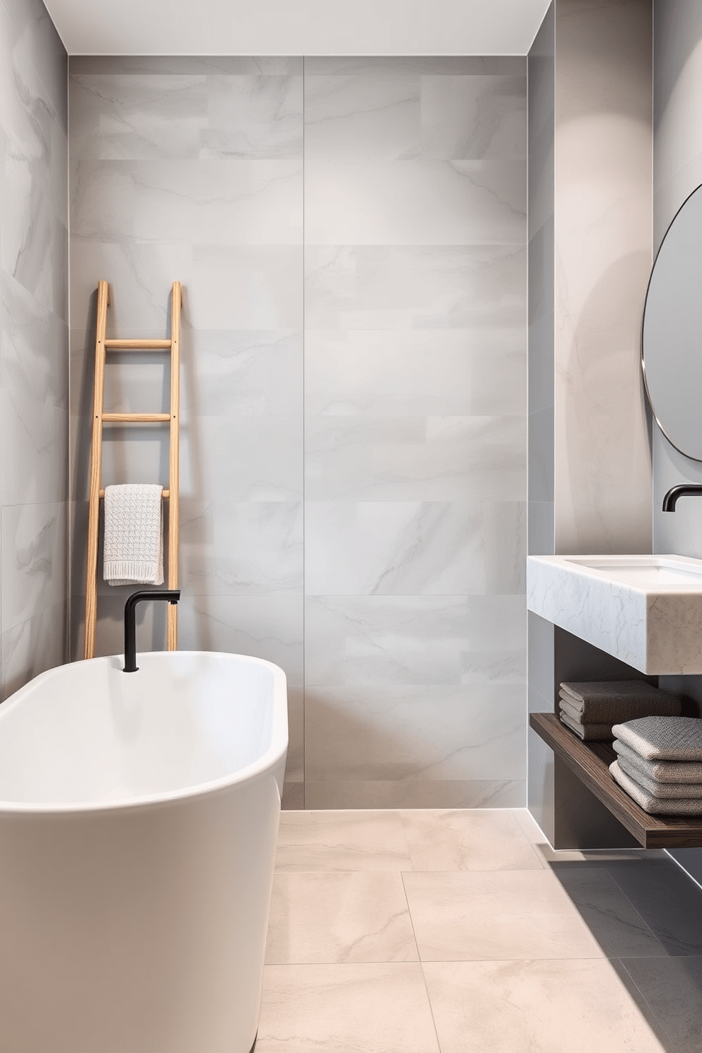 A modern apartment bathroom featuring a sleek white bathtub with a matte black faucet. Adjacent to the bathtub, a towel ladder made of natural wood leans against the wall, providing stylish storage for plush towels. The walls are adorned with large format tiles in soft gray tones, creating a serene atmosphere. A floating vanity with a quartz countertop complements the design, while a round mirror above it adds a touch of elegance.