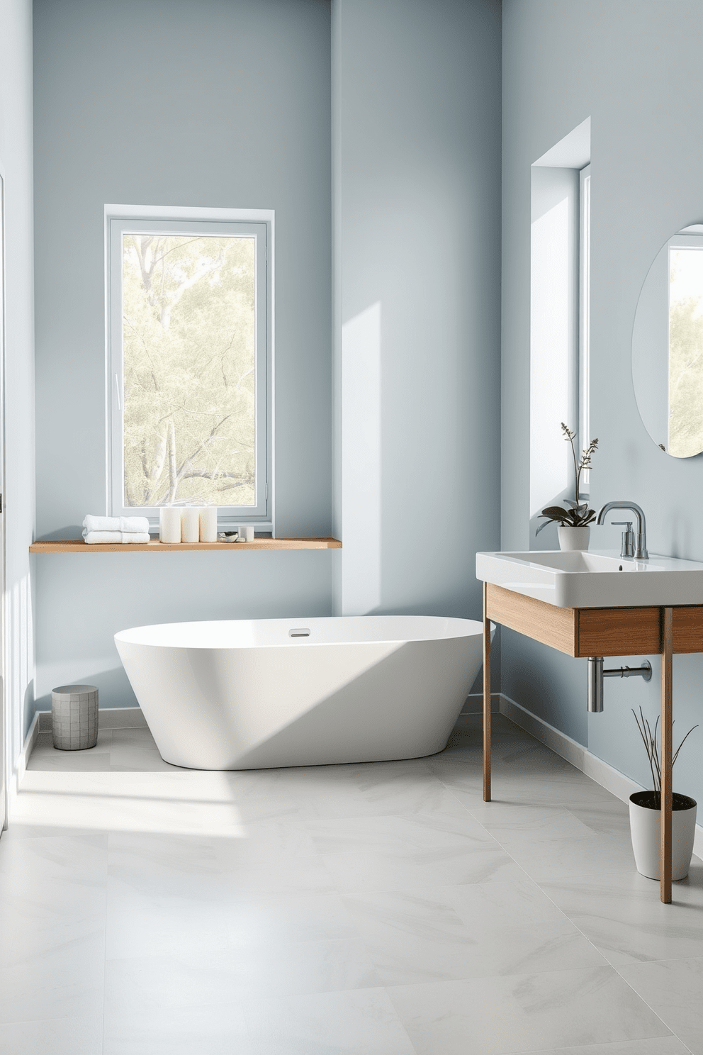 A serene apartment bathroom featuring a small freestanding tub positioned under a large window that lets in natural light. The walls are painted in a soft pastel blue, and the floor is adorned with light gray tiles that create a calming atmosphere. Next to the tub, a sleek wooden shelf holds neatly folded towels and decorative candles. A modern vanity with a white sink and brushed nickel fixtures complements the overall aesthetic, while a potted plant adds a touch of greenery to the space.