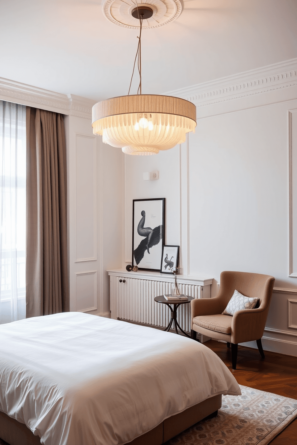 A stylish apartment bedroom featuring a statement pendant light fixture that hangs gracefully from the ceiling. The room is adorned with a plush bed dressed in luxurious linens, and a cozy reading nook is set by the window with a comfortable armchair and a small side table.