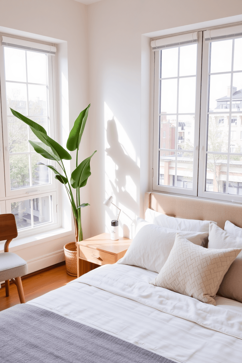 A serene apartment bedroom with large windows allowing natural light to flood the space. The room features a cozy bed adorned with soft linens and a mix of plush pillows in neutral tones. In one corner, a tall leafy plant adds a touch of greenery, enhancing the fresh atmosphere. The walls are painted in a soft pastel hue, complementing the wooden furniture that includes a stylish nightstand and a comfortable armchair.