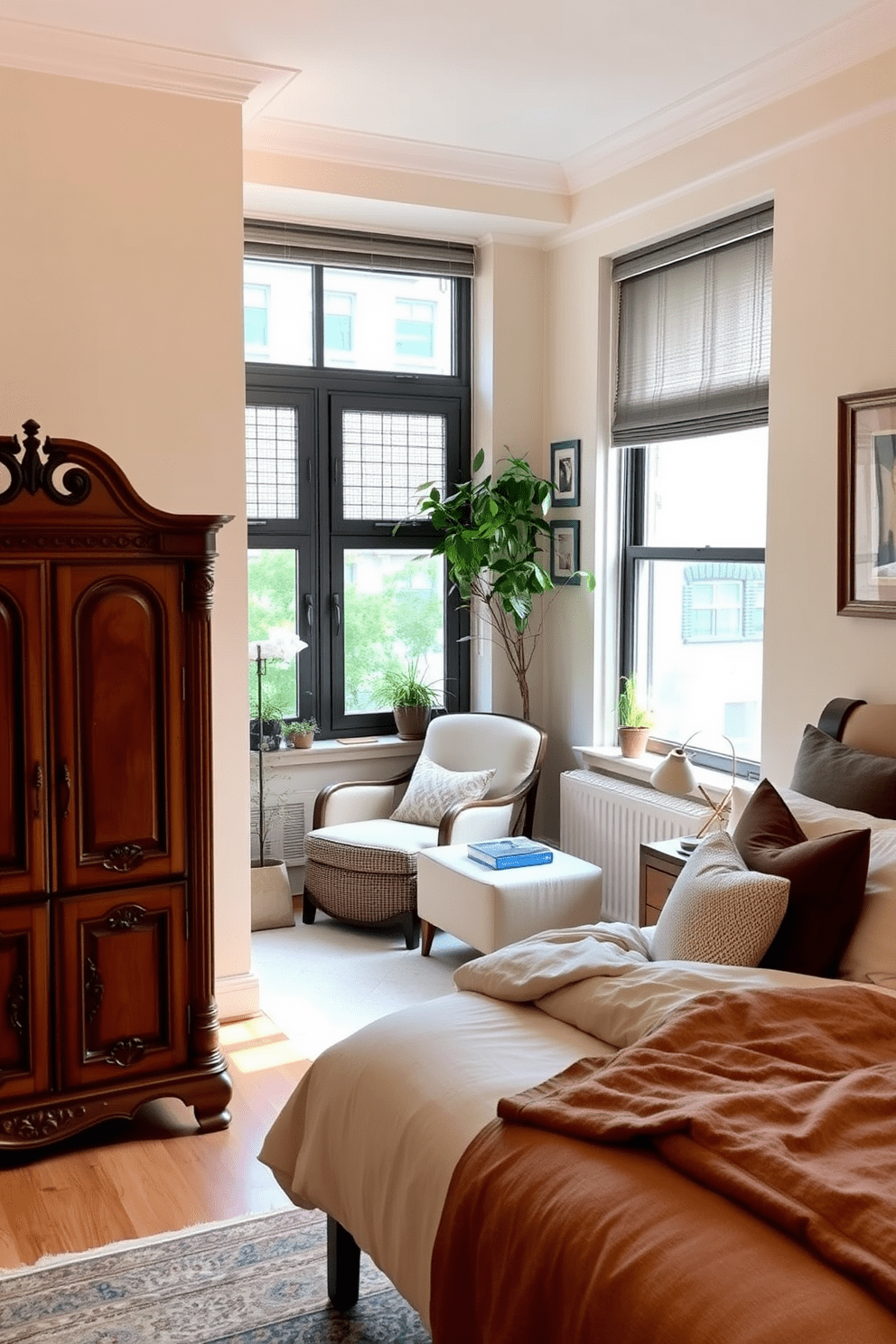 A cozy apartment bedroom featuring a vintage dresser with intricate carvings and a warm wood finish. The dresser is positioned against a soft pastel-colored wall, complemented by a plush bed adorned with layered bedding in neutral tones. A large window allows natural light to flood the room, highlighting a cozy reading nook with a comfortable chair and a small side table. Decorative plants and framed artwork add a personal touch, creating an inviting and stylish atmosphere.