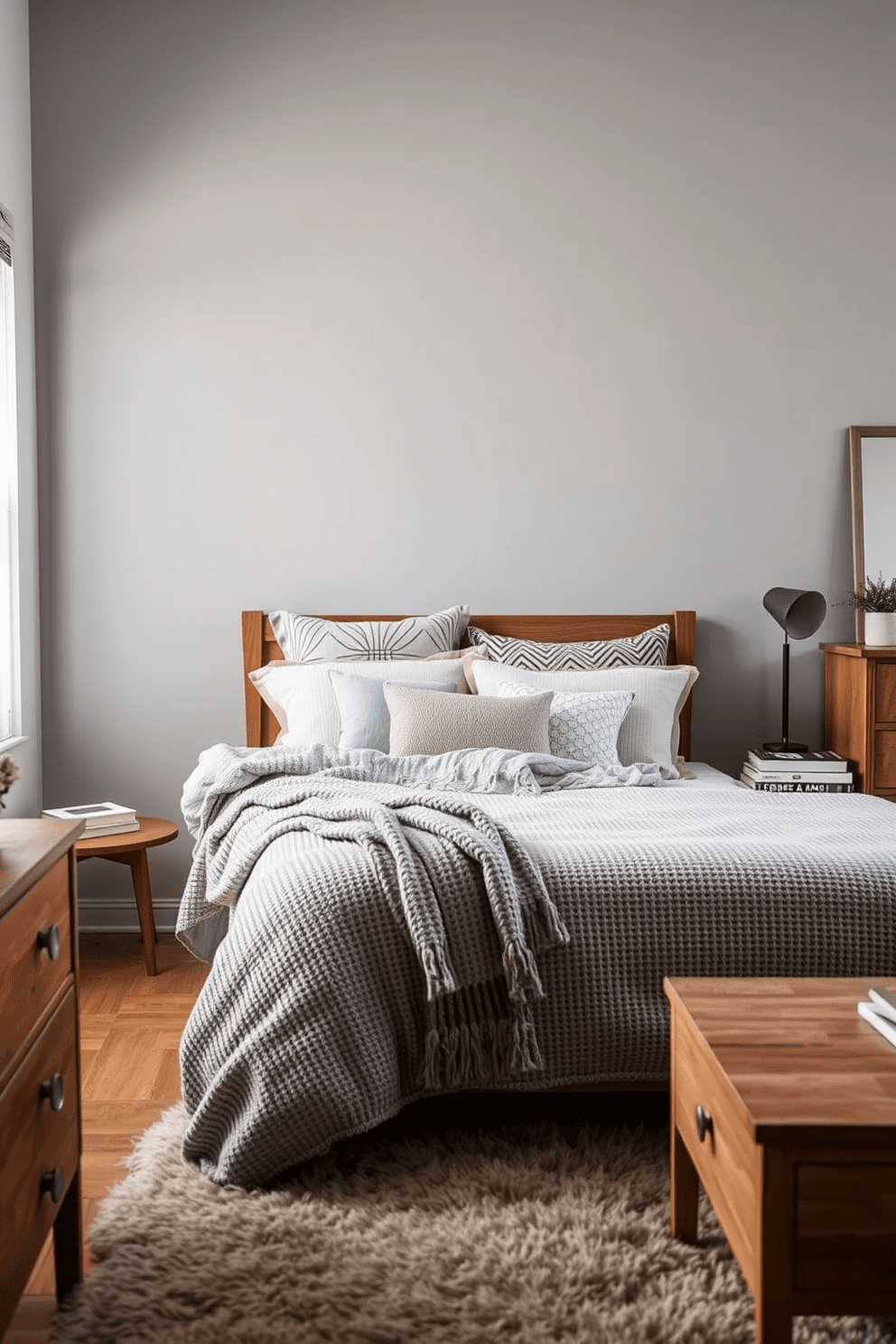 A cozy apartment bedroom featuring textured bedding that adds depth and visual interest. The bedding includes a mix of patterns and fabrics in soft, muted tones, complemented by decorative pillows and a chunky knit throw. The walls are painted in a soft gray, creating a calming backdrop for the warm wood furniture. A stylish bedside table holds a modern lamp and a few carefully curated books, while a plush area rug anchors the space.