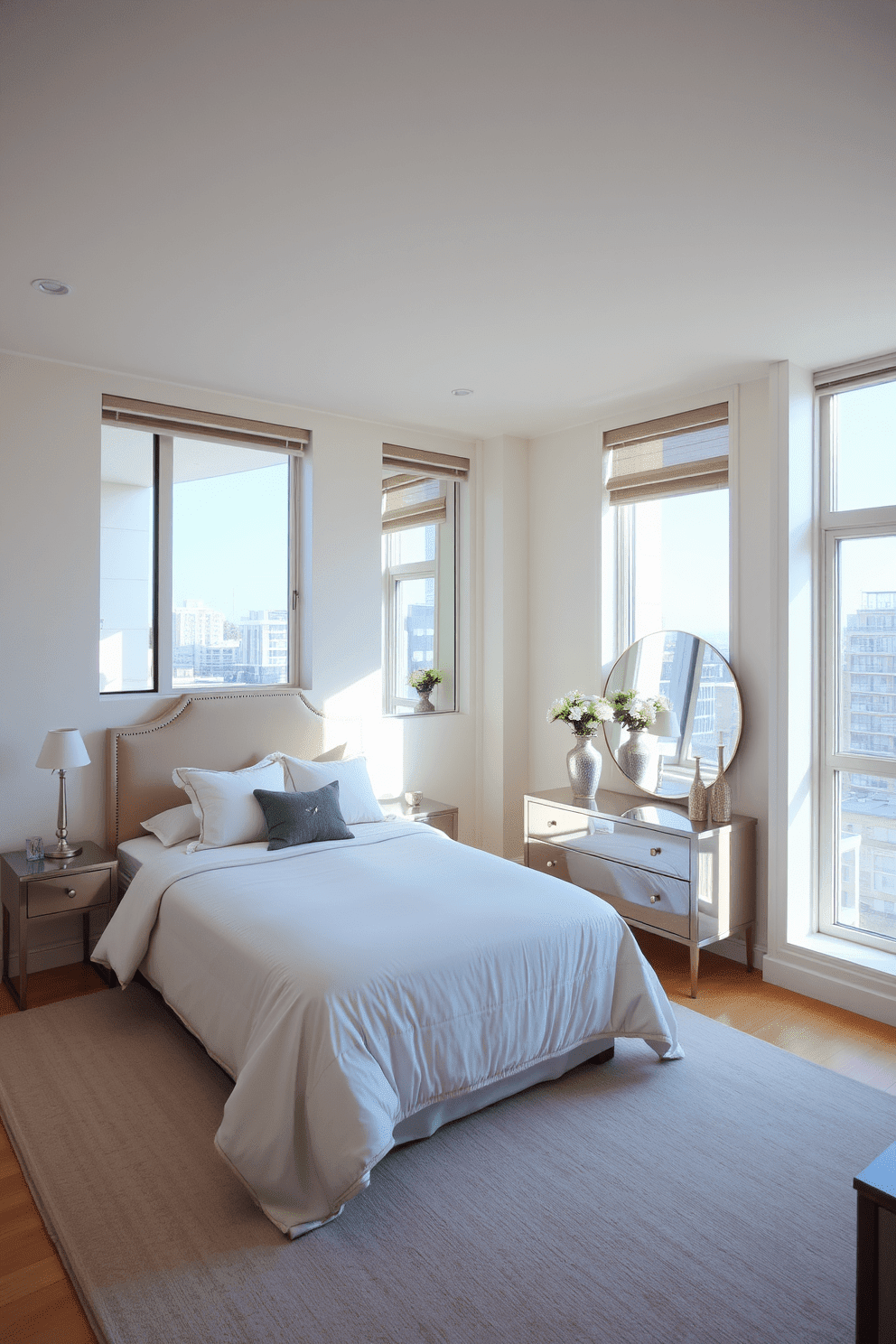 A cozy apartment bedroom featuring large windows that allow natural light to flood the space. The walls are painted in soft pastel hues, creating a serene atmosphere while a plush bed with elegant bedding takes center stage. Incorporate mirrors strategically to reflect light and create a sense of openness. A stylish dresser with a round mirror above it complements the overall design, enhancing the room's brightness and charm.