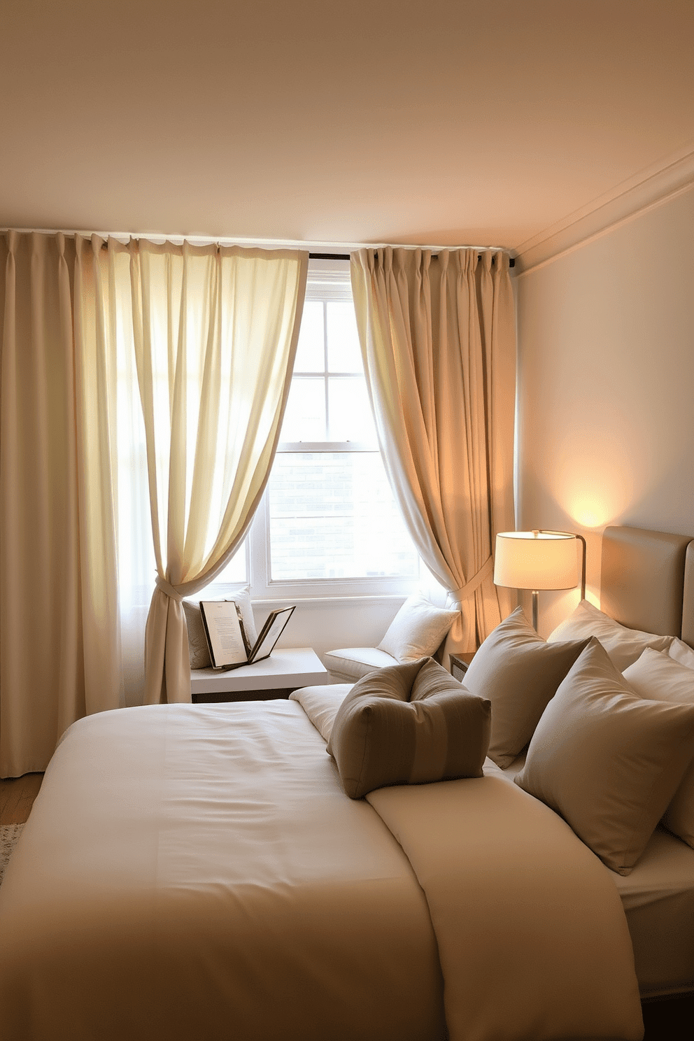 A serene apartment bedroom featuring curtains that beautifully complement the color scheme. The curtains are made of a soft, flowing fabric in a light shade that enhances the overall ambiance of the room. The bed is dressed in luxurious linens with accent pillows that match the curtains. A stylish bedside table holds a modern lamp, casting a warm glow over the cozy reading nook by the window.