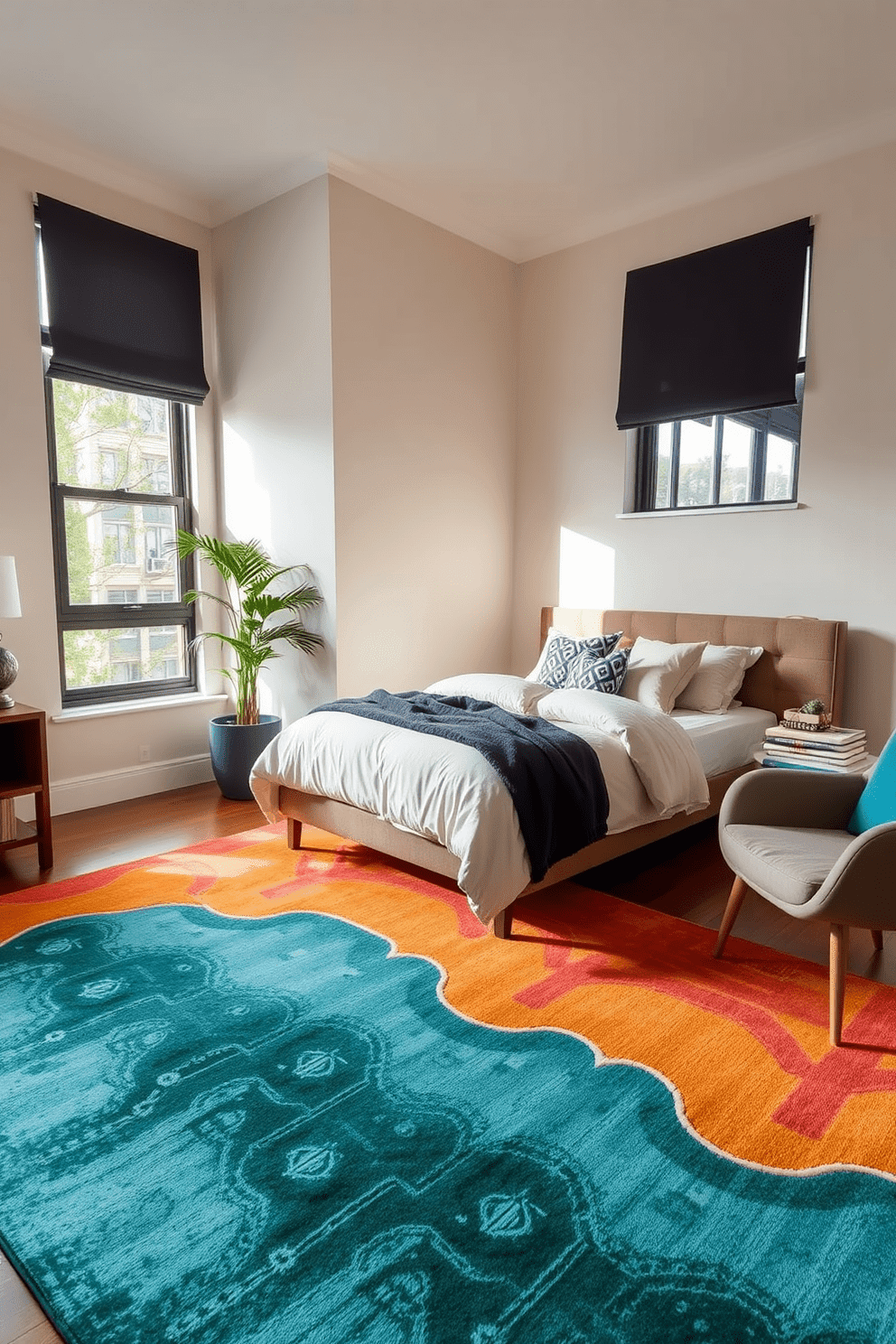 A cozy apartment bedroom featuring a colorful area rug that defines the space and adds warmth. The bed is adorned with plush pillows and a stylish throw blanket, creating an inviting atmosphere. Natural light streams through large windows, highlighting the soft hues of the walls. A modern nightstand holds a sleek lamp and a stack of books, while a comfortable chair sits in the corner for reading.