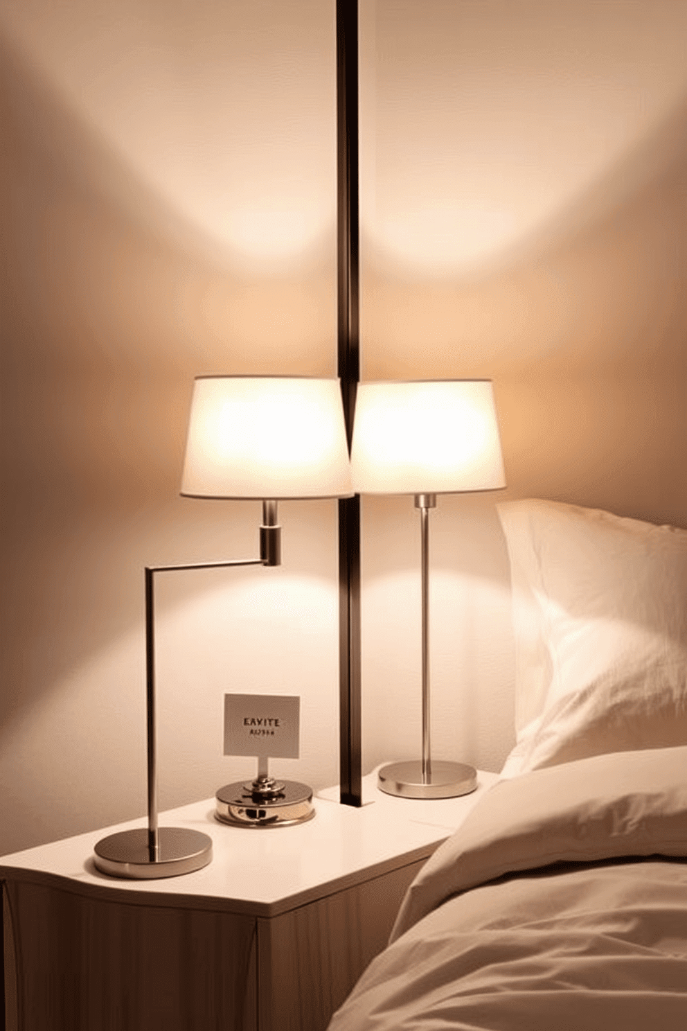 Stylish bedside lamps with elegant designs casting a warm glow in a modern apartment bedroom. The lamps feature sleek metallic bases and soft fabric shades, perfectly complementing the cozy atmosphere of the space.