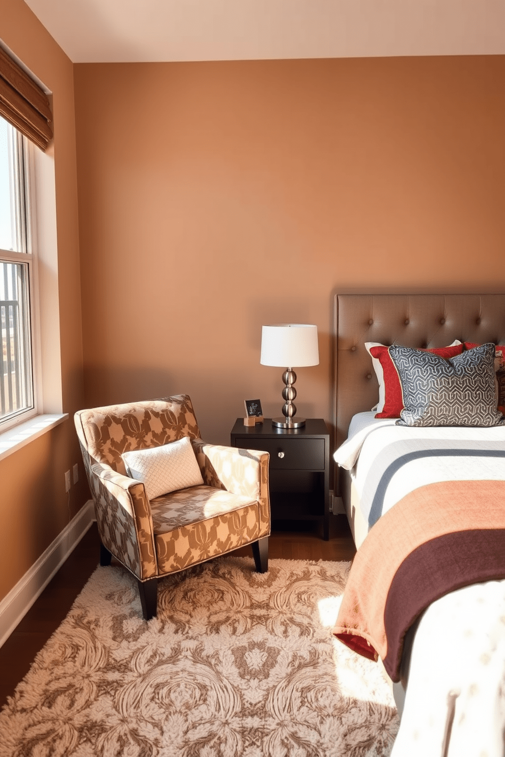 A cozy apartment bedroom featuring a statement chair that invites relaxation. The chair is upholstered in a soft fabric with a bold pattern, positioned near a window that allows natural light to stream in. The walls are painted in a warm neutral tone, complemented by a plush area rug underfoot. A stylish bedside table holds a modern lamp, and decorative pillows add a pop of color to the bed.