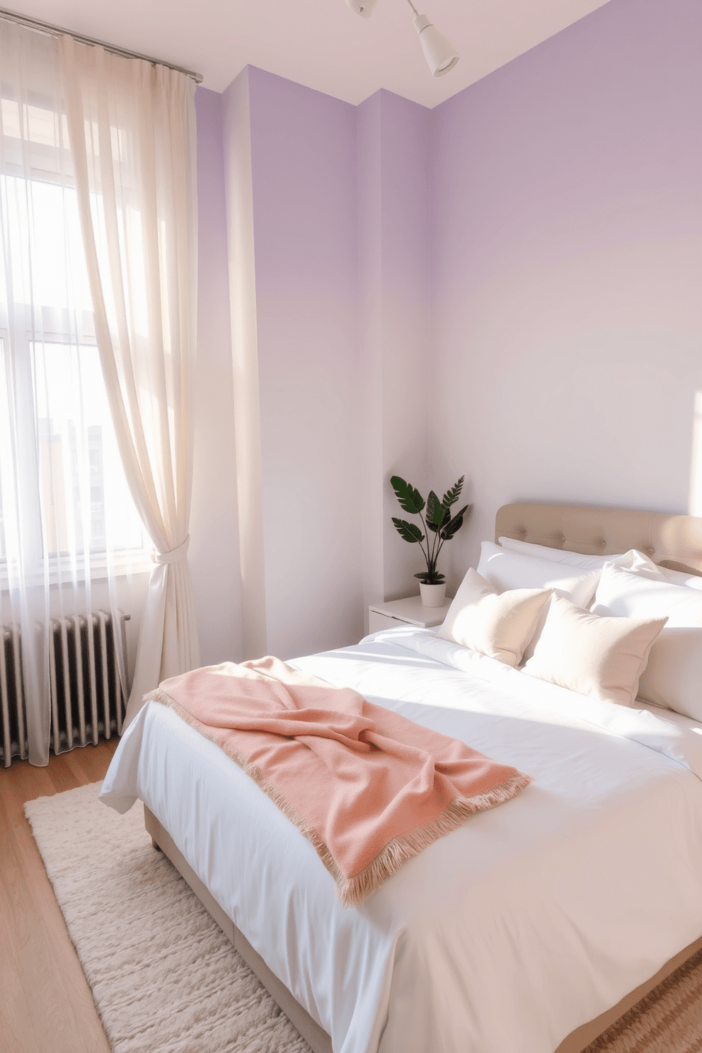 A serene apartment bedroom featuring a soft color gradient on the walls that transitions from light lavender to a gentle cream. The room includes a plush king-sized bed with soft white linens and a cozy throw blanket in pastel shades, complemented by decorative pillows. Natural light floods the space through large windows adorned with sheer curtains, creating an airy atmosphere. A stylish bedside table holds a modern lamp and a small potted plant, adding a touch of greenery to the tranquil setting.