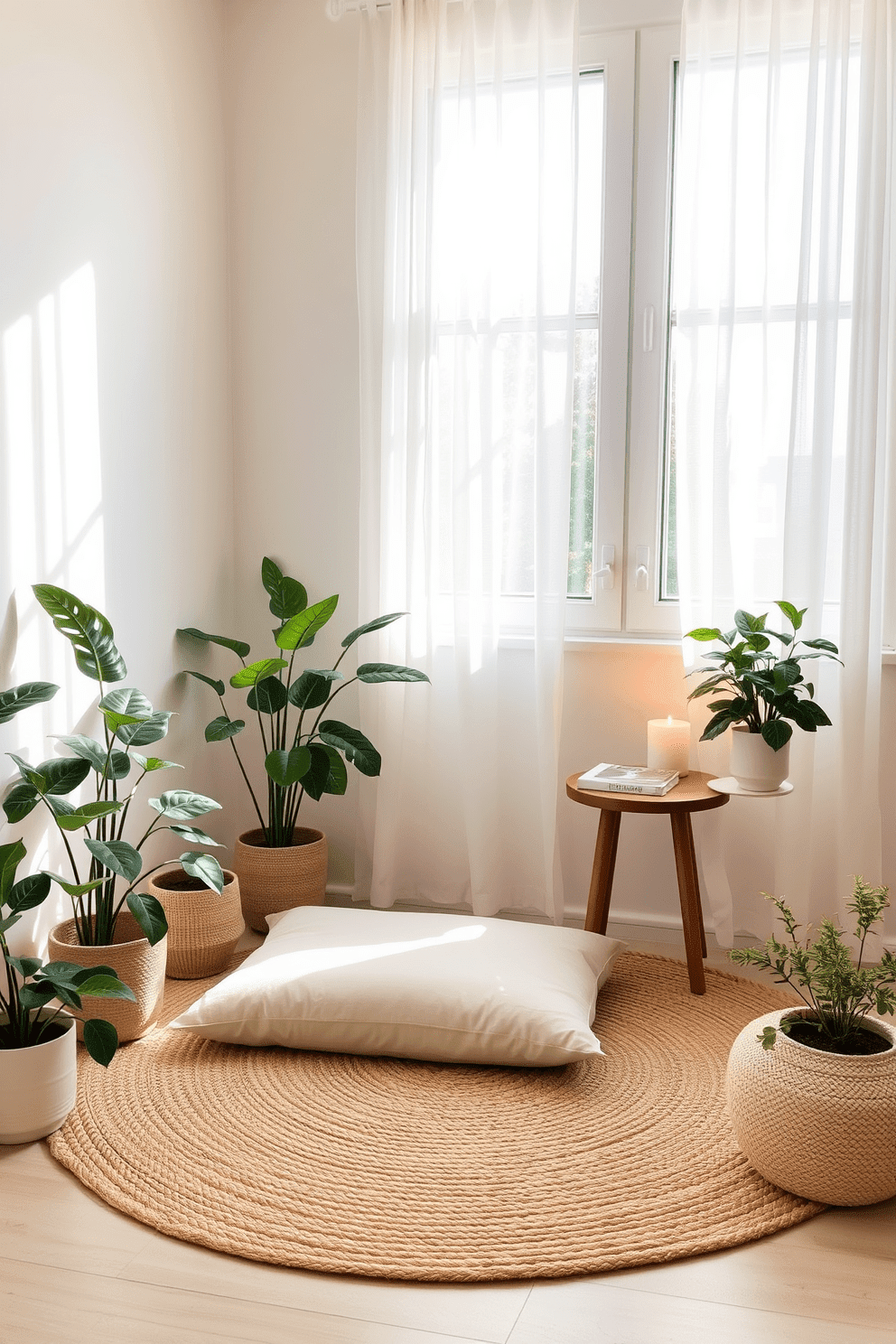 A serene meditation corner features a comfortable floor cushion in soft beige placed on a natural jute rug. Surrounding the cushion, potted plants with lush green leaves create a calming atmosphere, while a small wooden side table holds a lit candle and a few inspirational books. The walls are painted in a soft pastel hue, enhancing the tranquility of the space. A large window allows natural light to filter in, with sheer curtains gently diffusing the sunlight for a peaceful ambiance.