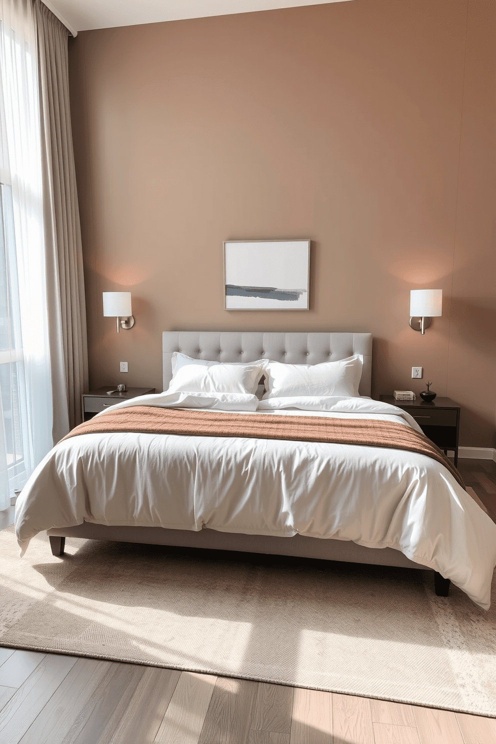 A cozy apartment bedroom featuring a plush king-size bed dressed in soft, neutral linens. The walls are painted in a warm taupe color, and a large window lets in natural light, adorned with sheer white curtains. On either side of the bed, elegant wall sconces provide soft, ambient lighting, complementing the modern bedside tables. A stylish area rug lies beneath the bed, adding texture and warmth to the space while a minimalist art piece hangs above the headboard.