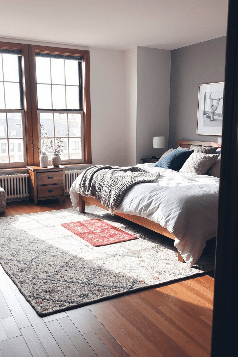 A cozy apartment bedroom featuring layered rugs that add depth and texture to the space. The main rug is a soft neutral tone, while a smaller patterned rug is placed on top, creating visual interest. The bed is dressed in plush bedding with a mix of textures, including a chunky knit throw and decorative pillows. Natural light streams in through large windows, illuminating the warm wood tones of the furniture and enhancing the inviting atmosphere.