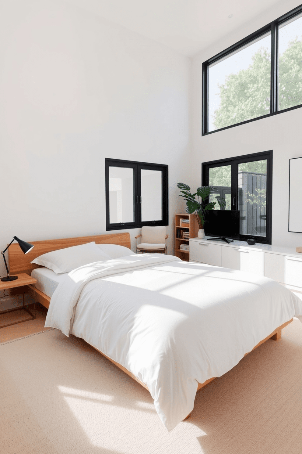 A serene open space apartment bedroom featuring minimalist furniture. The bed is low-profile with a simple white duvet and natural wood accents, complemented by a small nightstand with a sleek lamp. Large windows allow ample natural light to flood the room, highlighting the soft neutral color palette. A cozy reading nook with a minimalist chair and a small bookshelf is positioned in one corner, creating a tranquil atmosphere.