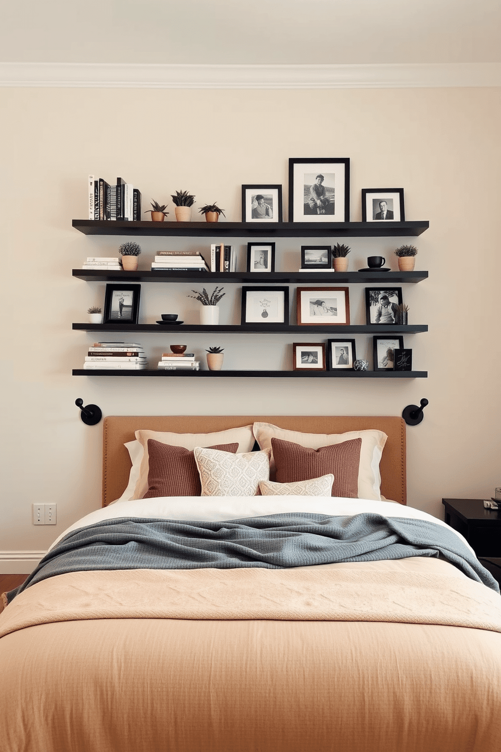 Floating shelves are mounted on a light-colored wall, showcasing an array of decorative items such as books, plants, and framed photos. The shelves are arranged at varying heights, creating an eye-catching focal point above a cozy bed adorned with plush pillows and a soft throw blanket. The bedroom features a warm color palette with soft lighting that enhances the inviting atmosphere. A stylish area rug lies beneath the bed, adding texture and warmth to the space while complementing the overall design aesthetic.