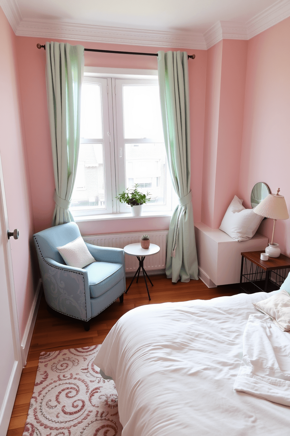 A serene apartment bedroom featuring a soft pastel color palette that creates a calming atmosphere. The walls are painted in a gentle blush pink, complemented by light mint green accents in the bedding and curtains. A plush queen-sized bed is adorned with a fluffy white duvet and pastel throw pillows. A cozy reading nook with a pastel blue armchair sits by the window, accompanied by a small side table and a soft area rug.