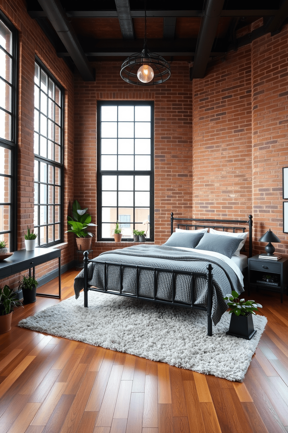 A spacious apartment bedroom featuring an industrial style with exposed brick walls and large metal-framed windows. The room is furnished with a king-sized bed adorned with a textured gray duvet and black metal bedside tables. Metal accents are incorporated through a vintage ceiling light fixture and a sleek industrial-style desk in the corner. A plush area rug in neutral tones adds warmth to the hardwood floor, while a collection of potted plants brings a touch of greenery to the space.