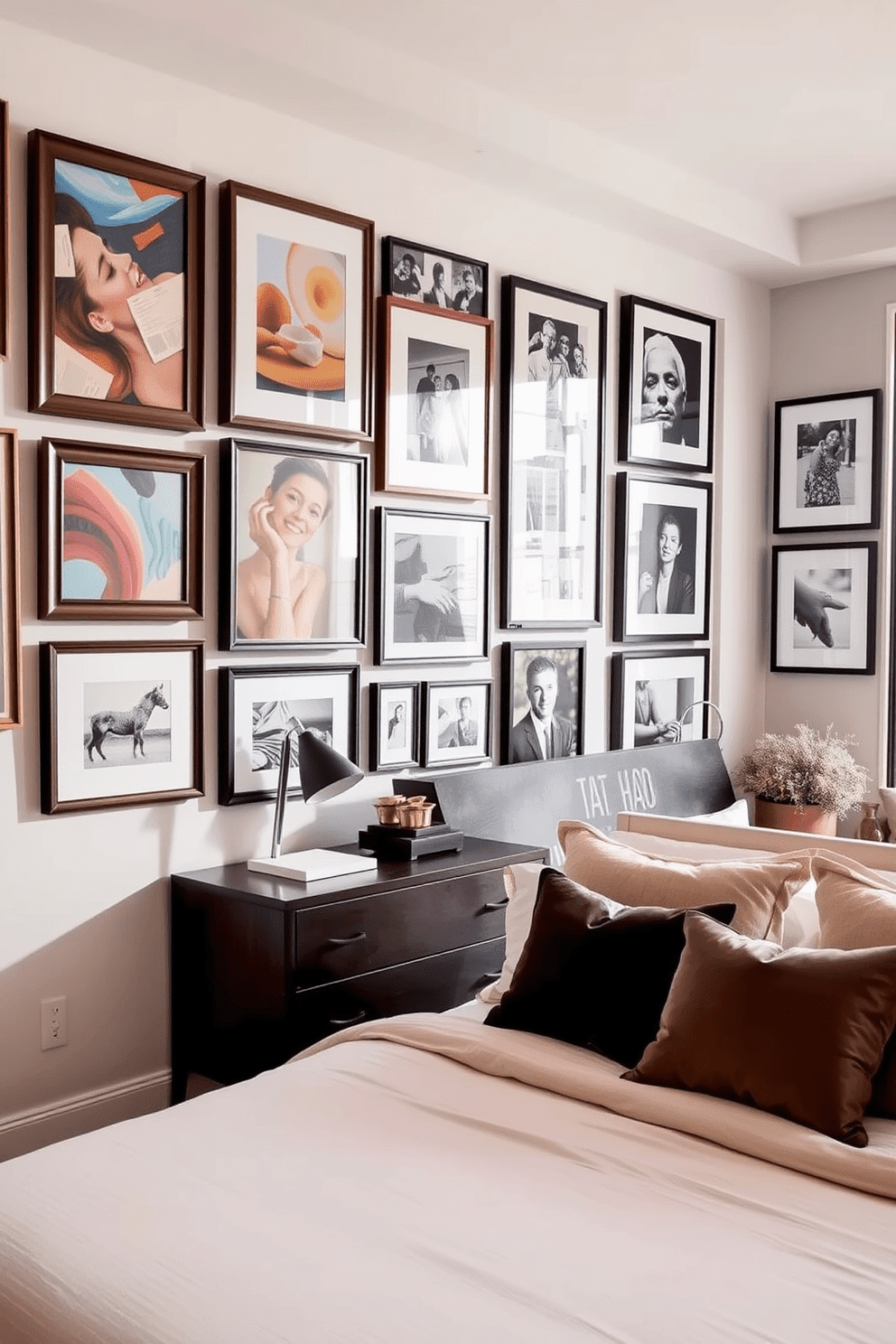 A gallery wall showcases a collection of personal artwork, featuring various frames in wood and metal finishes. The artwork includes vibrant paintings and black and white photographs, creating a dynamic visual interest in the room. The apartment bedroom is designed with a cozy yet modern aesthetic, featuring a plush bed with layered bedding in soft neutrals. Natural light floods the space through large windows, highlighting a stylish bedside table adorned with a contemporary lamp and a few curated decorative items.