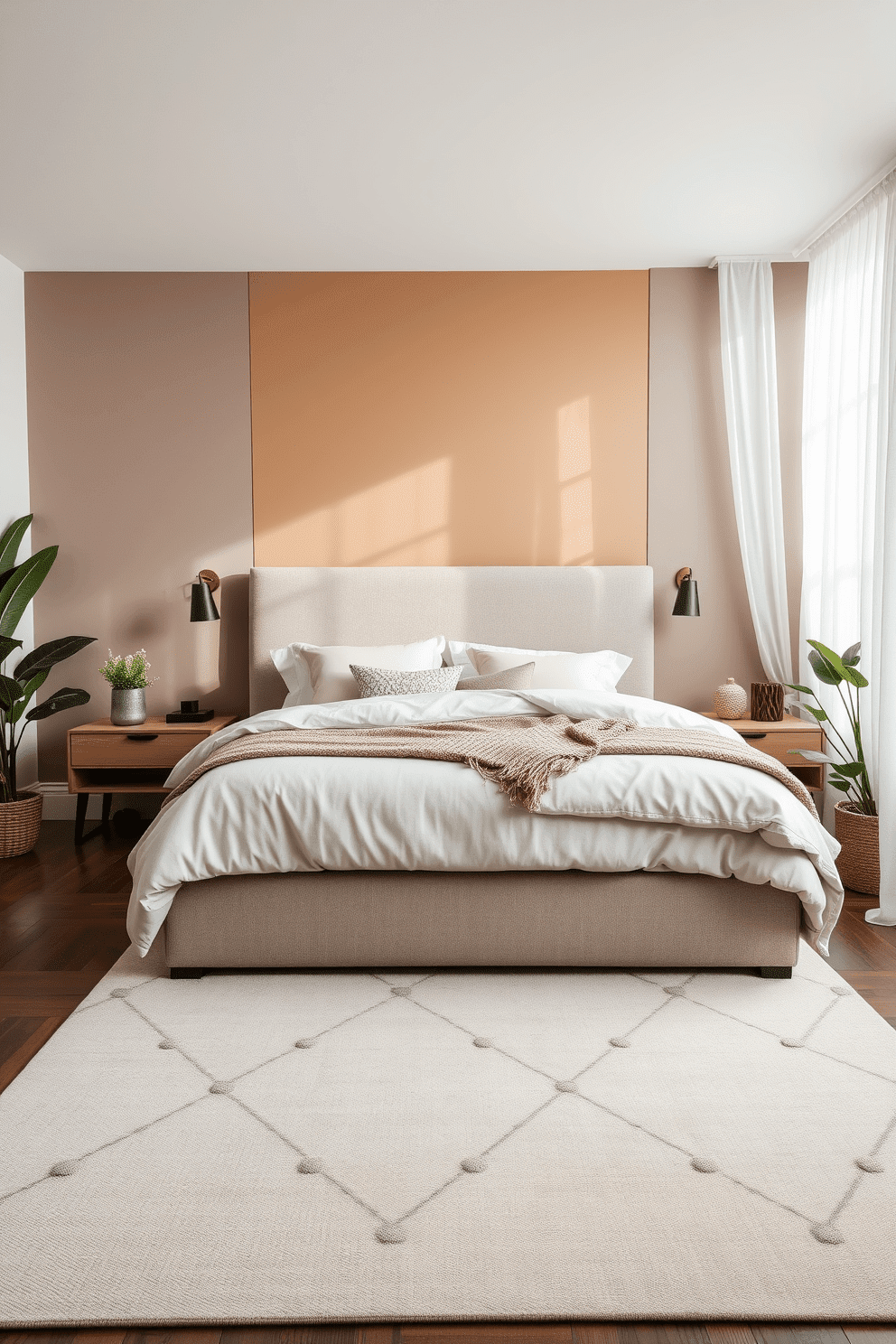 A serene apartment bedroom featuring earthy tones to create a calming atmosphere. The walls are painted in a soft taupe, complemented by a warm beige accent wall behind the bed. A plush king-sized bed with a textured linen headboard is centered in the room. Flanking the bed are stylish nightstands with modern lamps that emit a soft glow. The bedding consists of layered neutral tones with various textures, including a chunky knit throw. A large area rug in a muted geometric pattern anchors the space, adding warmth underfoot. Natural light floods the room through sheer curtains, enhancing the tranquil vibe. Potted plants in the corners bring a touch of nature indoors, contributing to the overall calming aesthetic.