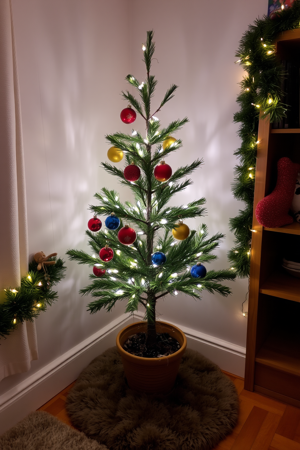 A cozy corner in an apartment features a small potted tree adorned with twinkling fairy lights and colorful ornaments. The surrounding area is decorated with festive garlands and a plush rug, creating a warm and inviting atmosphere.