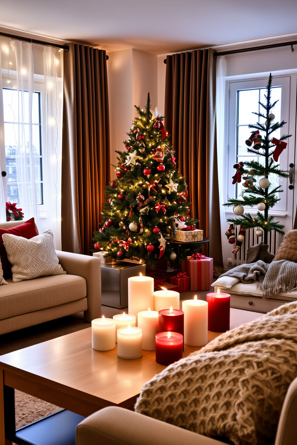 A cozy apartment living room adorned for Christmas. Soft white lights twinkle around the windows, and a beautifully decorated tree stands in the corner, surrounded by wrapped gifts. On the coffee table, a collection of seasonal candles in festive colors emit warm scents of cinnamon and pine. Plush throw pillows and a knitted blanket add comfort to the inviting space, enhancing the holiday atmosphere.