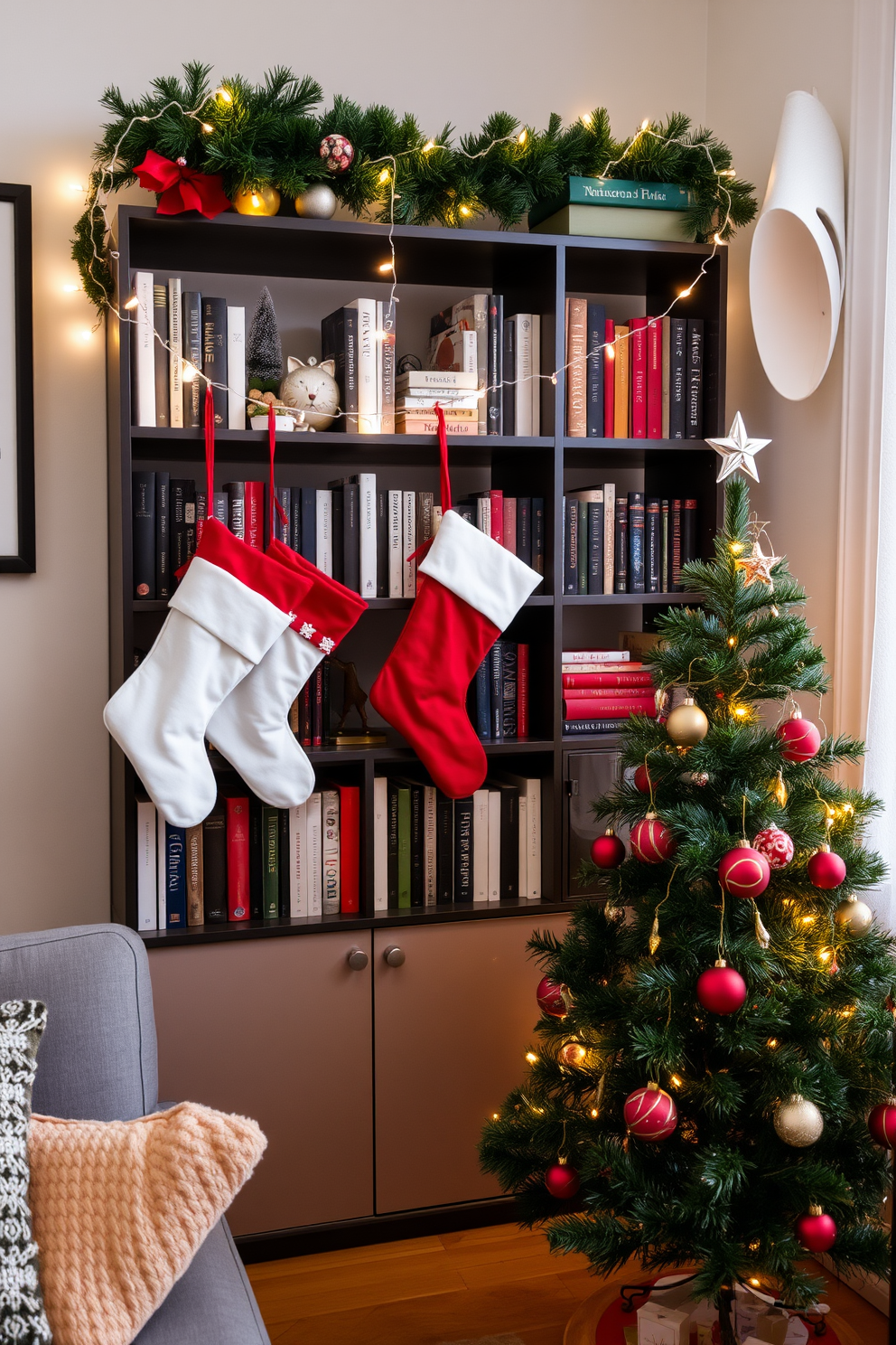 A cozy apartment living room adorned for Christmas. Stockings are hung with care on a stylish bookshelf filled with festive decorations and books. Twinkling fairy lights drape across the shelves, casting a warm glow. A small evergreen tree sits nearby, decorated with colorful ornaments and a star on top.