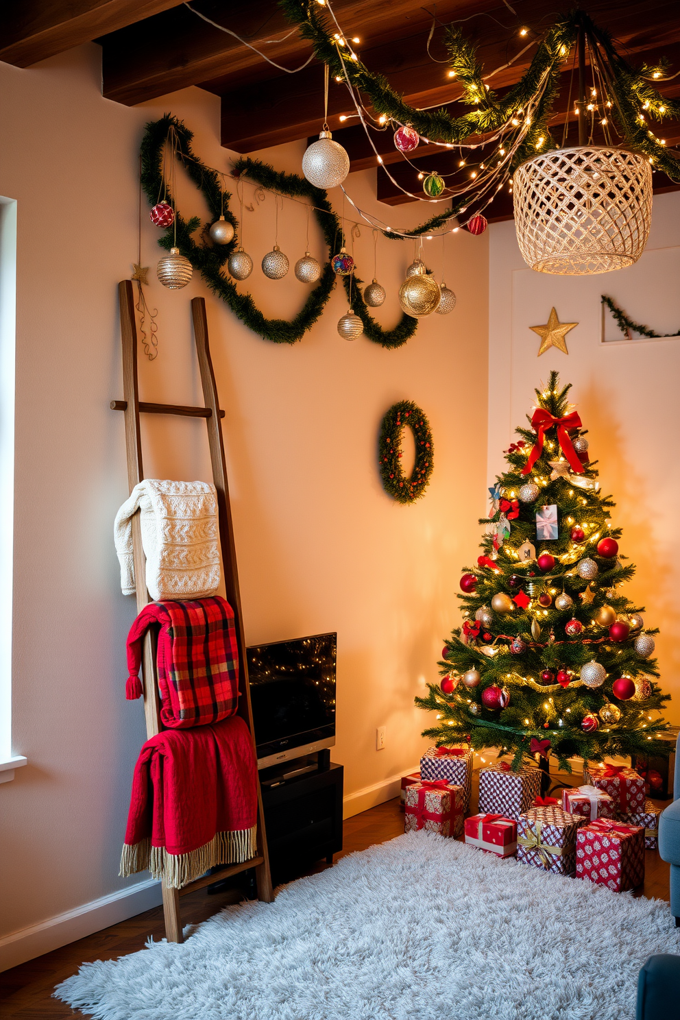 A cozy apartment living room adorned for Christmas. A decorative ladder leans against the wall, draped with soft, colorful blankets, creating a warm and inviting atmosphere. Festive ornaments and string lights hang from the ceiling, adding a cheerful glow to the space. A beautifully decorated Christmas tree stands in the corner, surrounded by wrapped gifts and a plush area rug beneath.