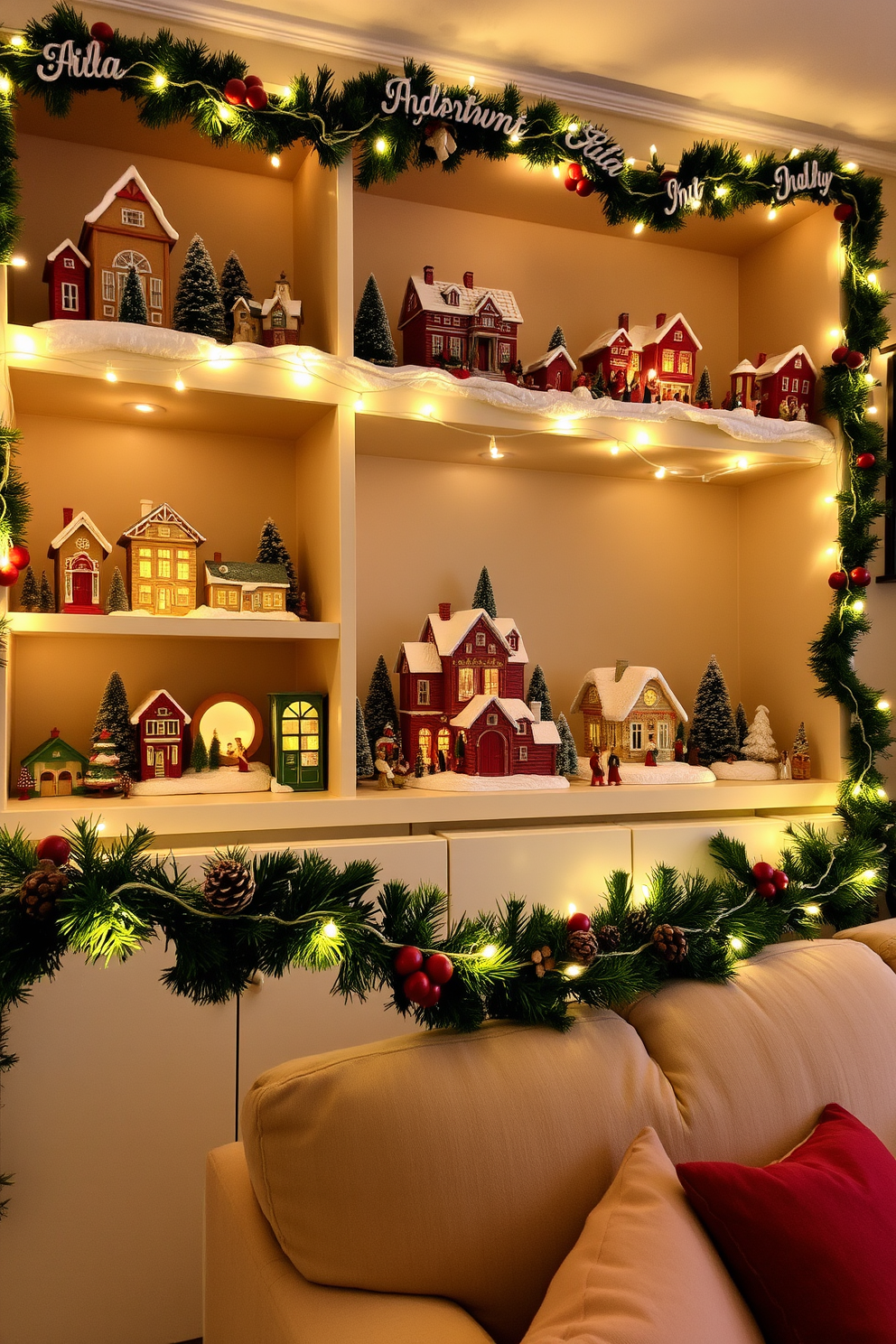 A cozy apartment living room adorned for Christmas. Shelves are filled with charming village displays featuring quaint houses, snow-covered rooftops, and miniature figures celebrating the holiday season. Twinkling fairy lights are draped across the shelves, casting a warm glow over the scene. A festive garland with pinecones and red berries frames the display, enhancing the cheerful atmosphere.