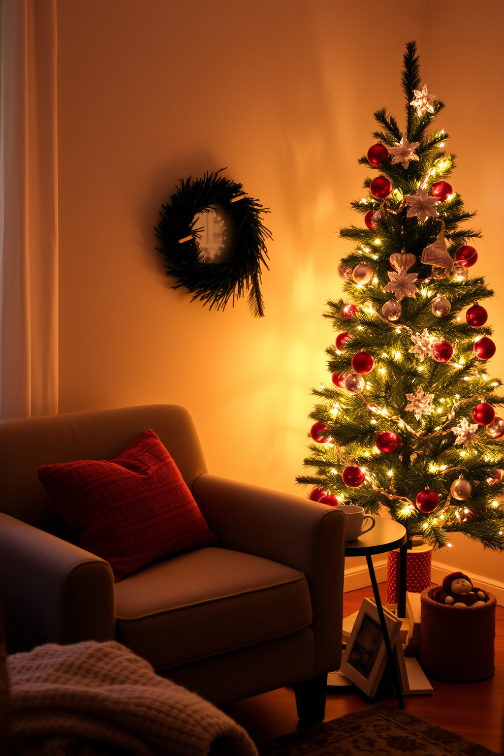 Create a cozy reading nook with soft lighting. A plush armchair is positioned next to a small side table, adorned with a stack of books and a steaming mug. Apartment Christmas decorating ideas include a beautifully decorated tree in the corner. Twinkling lights and colorful ornaments create a festive atmosphere throughout the space.