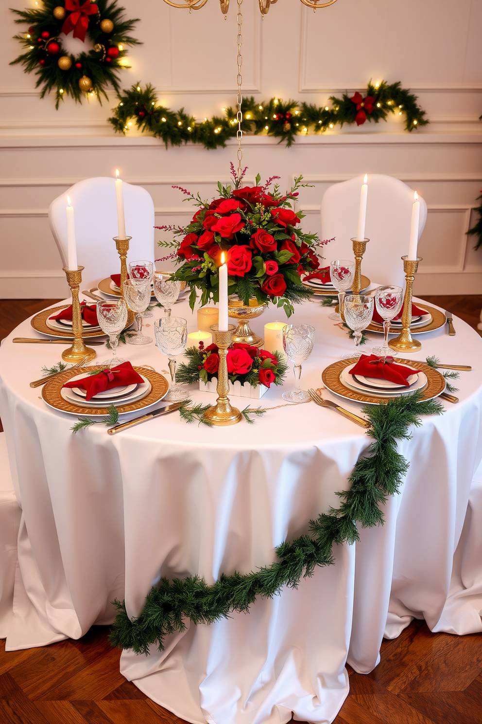 A festive table setting adorned with a crisp white tablecloth that cascades elegantly to the floor. Centered on the table is a lush arrangement of red and green flowers, surrounded by twinkling fairy lights and golden ornaments. Each place setting features fine china with intricate gold detailing, complemented by sparkling crystal glassware. Flickering candles in varied heights add warmth, while a garland of evergreen branches runs along the table's edge, completing the holiday ambiance.