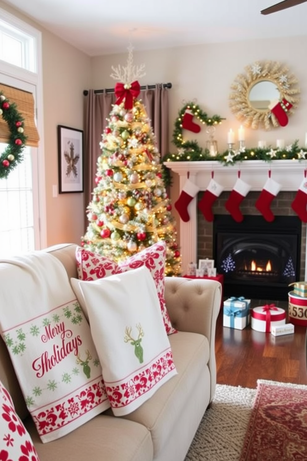 A cozy living room adorned for the holidays. The sofa is draped with festive holiday-themed dish towels, featuring cheerful patterns of snowflakes and reindeer, adding a touch of warmth and joy to the space. A beautifully decorated Christmas tree stands in the corner, sparkling with twinkling lights and colorful ornaments. The mantel above the fireplace is adorned with garlands, stockings, and candles, creating a welcoming atmosphere for family gatherings.