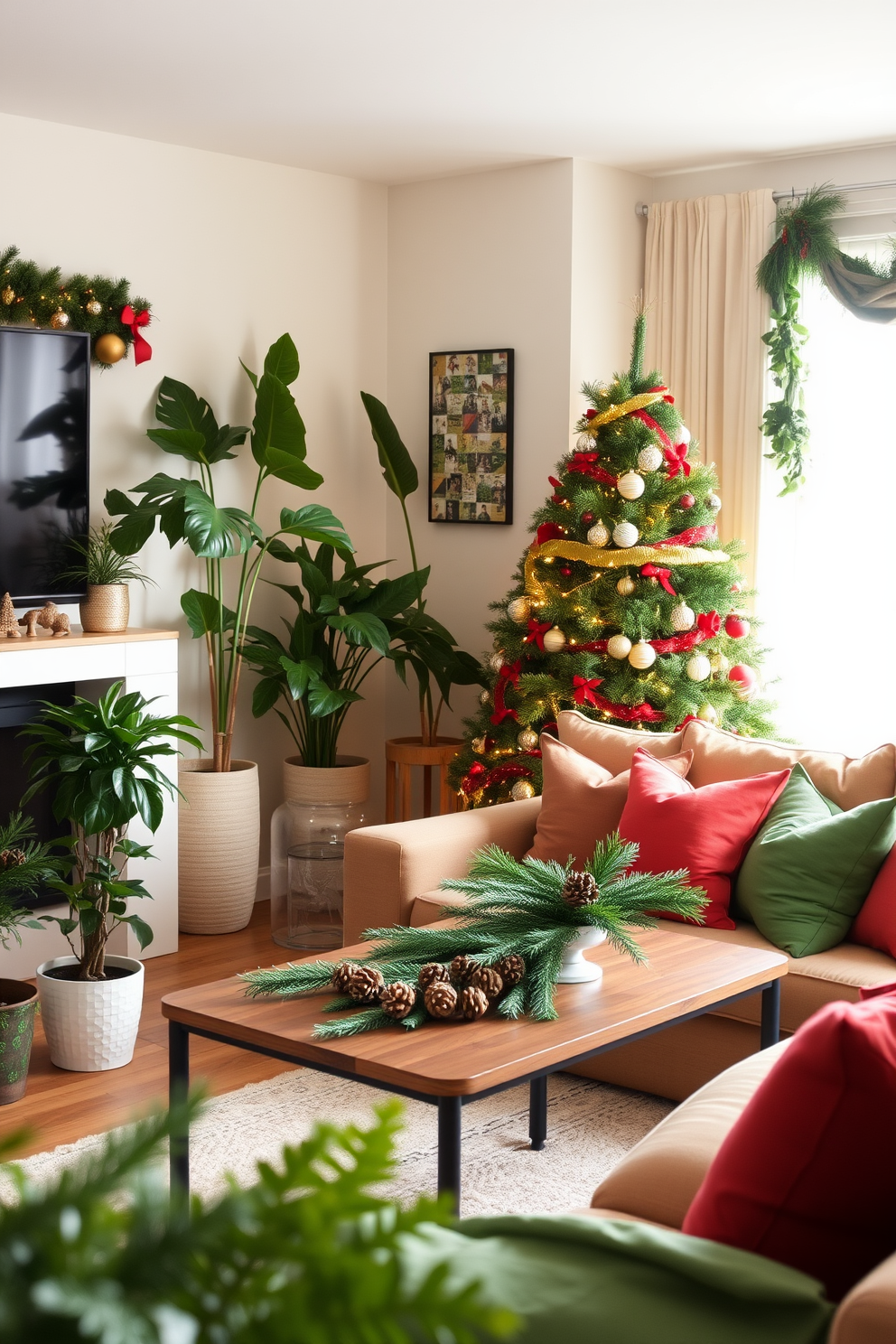 A cozy apartment living room adorned with fresh greenery accents for Christmas. Lush potted plants are placed strategically around the space, and a beautifully decorated Christmas tree stands in the corner, adorned with twinkling lights and colorful ornaments. The coffee table features a festive centerpiece made of evergreen branches and pinecones. Soft throw pillows in red and green hues are scattered across the couch, enhancing the holiday spirit.