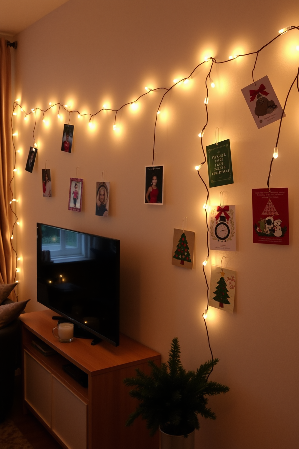 Create a cozy apartment setting decorated for Christmas. Holiday cards are displayed on a string, elegantly draped across a wall adorned with twinkling fairy lights.