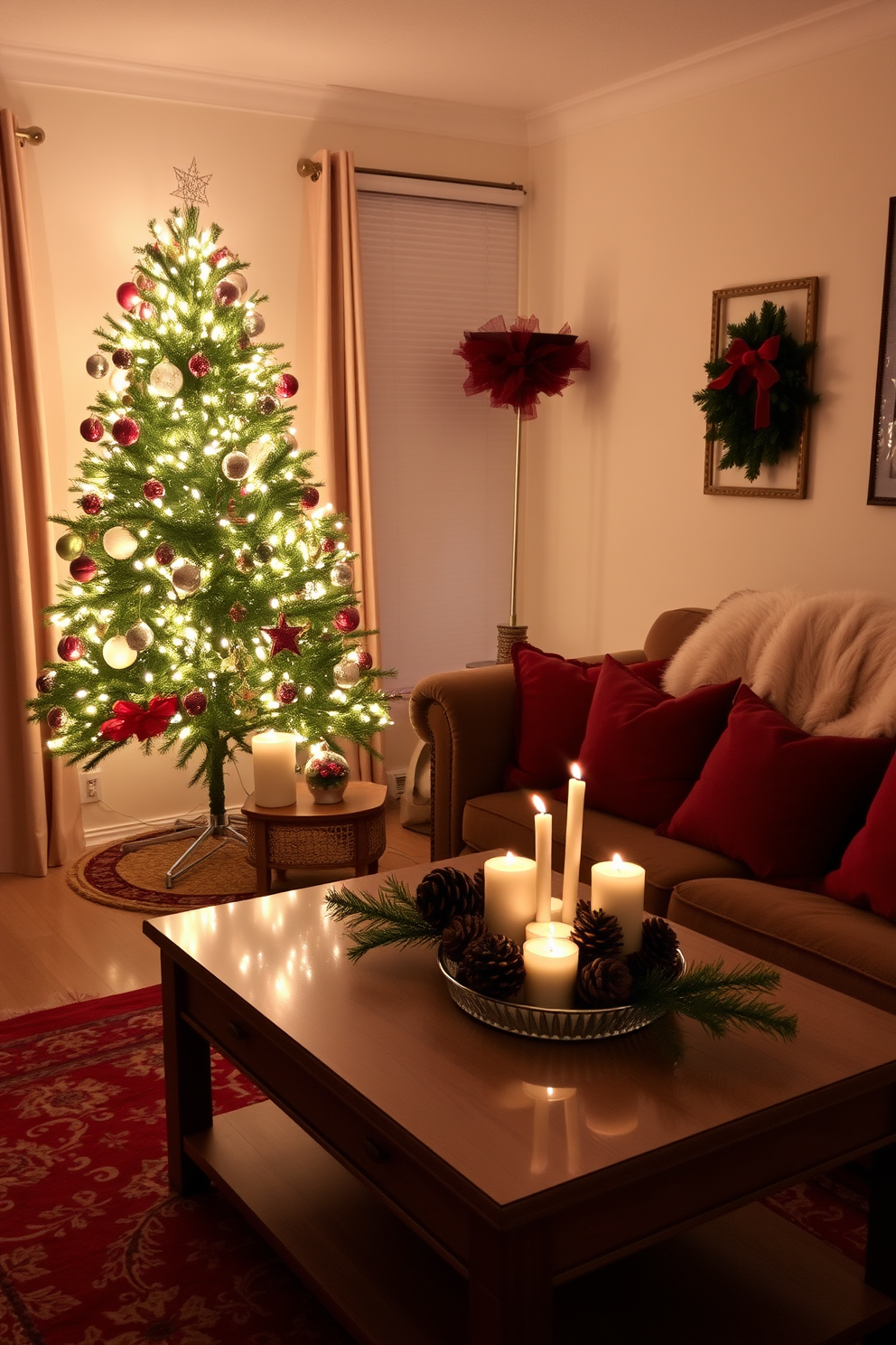 A cozy apartment living room adorned for Christmas. A beautifully decorated tree stands in the corner, twinkling with warm white lights and colorful ornaments. A plush sofa is dressed with festive red and green pillows, and a faux fur throw adds warmth and comfort. On the coffee table, a centerpiece of pinecones and candles creates a festive ambiance.