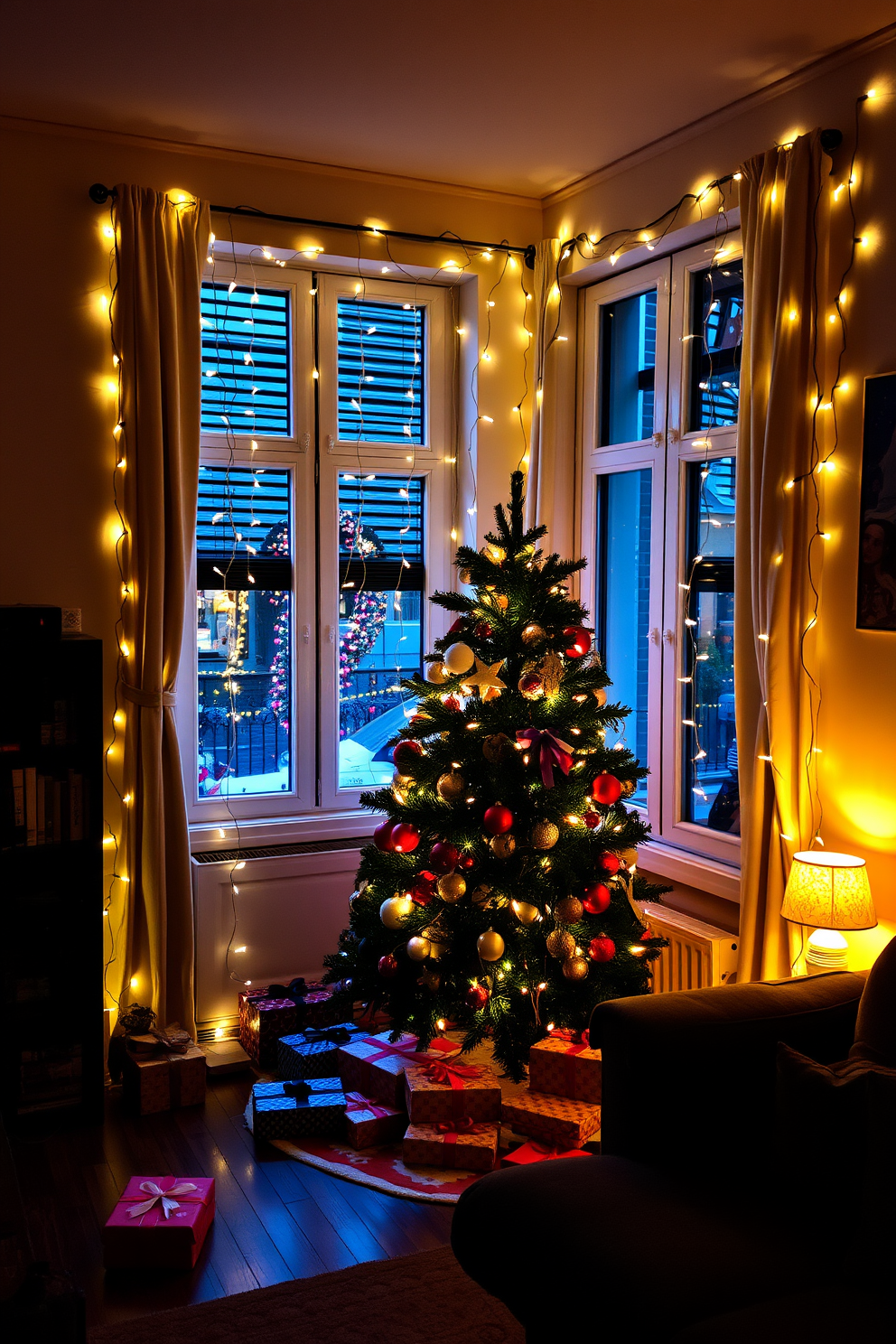 A cozy apartment decorated for Christmas with twinkling fairy lights draped along the windows creating a warm and inviting atmosphere. The room features a beautifully adorned Christmas tree in the corner, surrounded by wrapped gifts and festive ornaments.