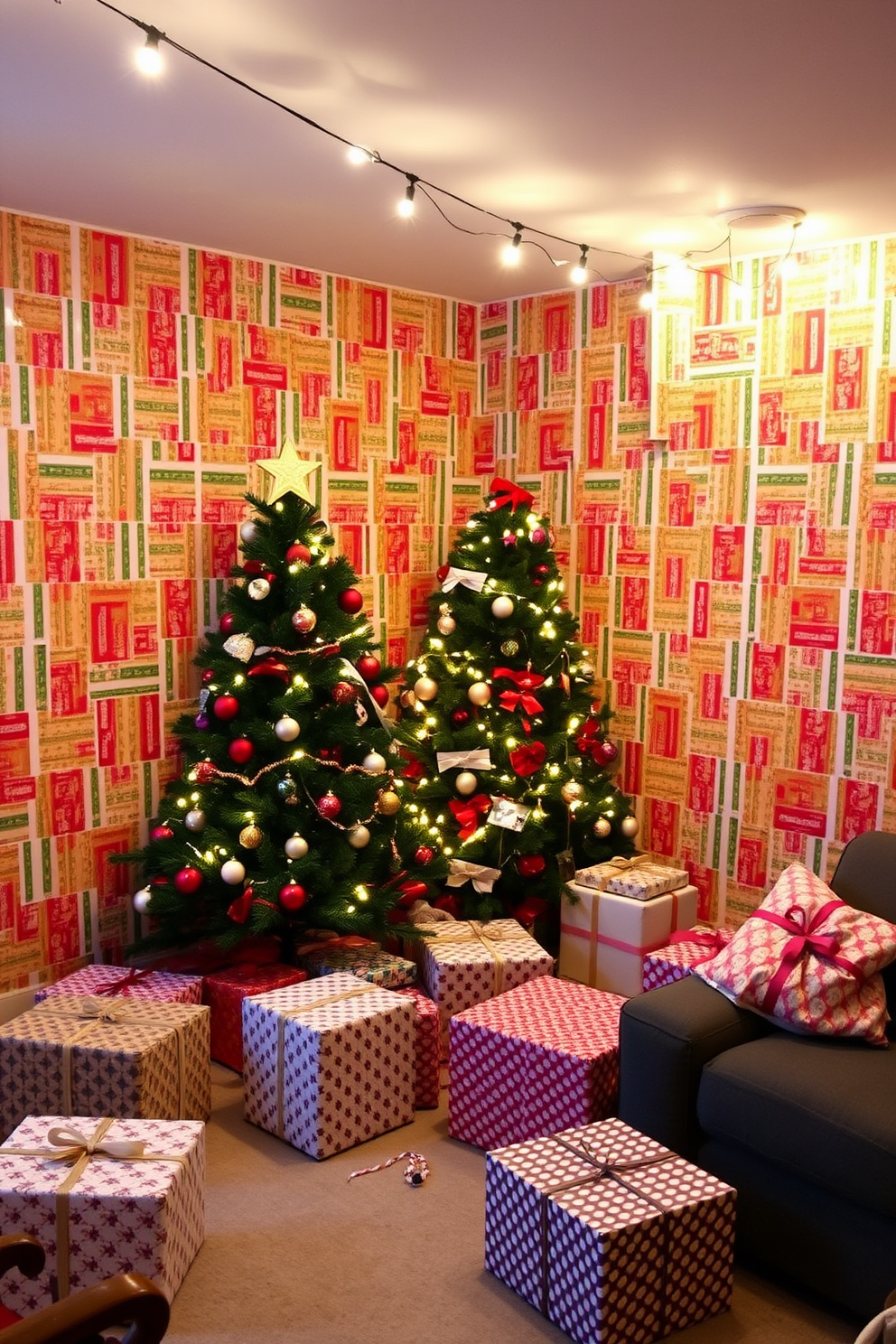 Create a cozy and festive apartment setting for Christmas. The walls are adorned with colorful wrapping paper, creating a cheerful atmosphere throughout the space. A beautifully decorated Christmas tree stands in the corner, surrounded by wrapped gifts in various sizes. String lights twinkle above, adding warmth and charm to the room.