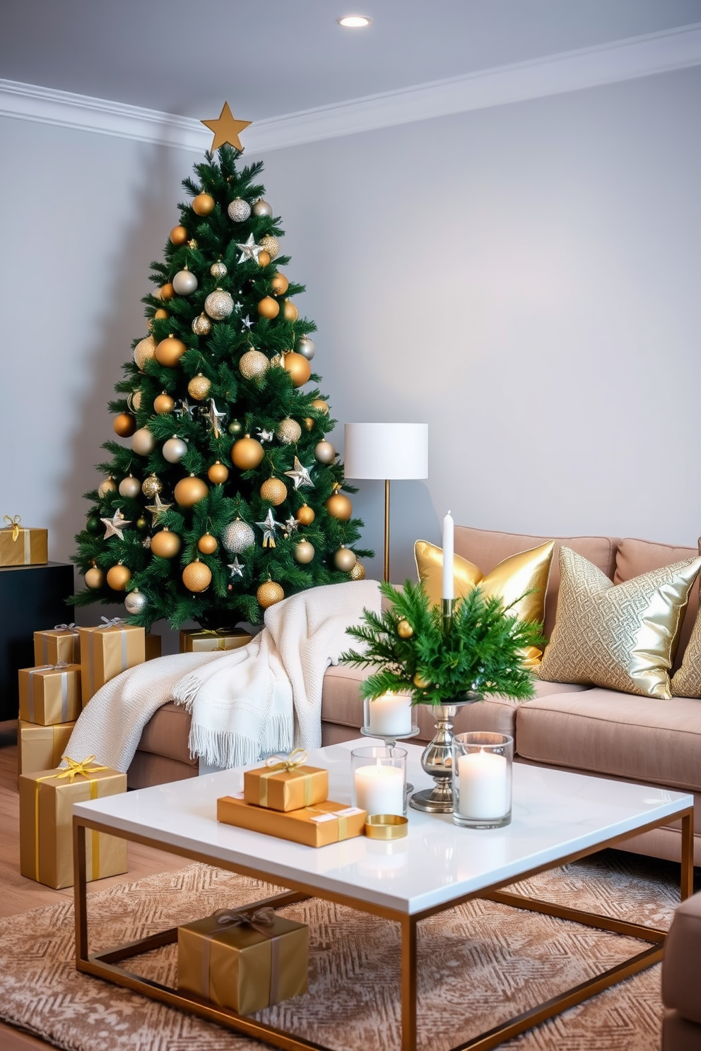 A stylish apartment living room decorated for Christmas. The space features a lush green tree adorned with gold and silver ornaments, surrounded by elegantly wrapped gifts in coordinating colors. The sofa is draped with a soft white throw blanket, and decorative pillows in gold and silver hues add a festive touch. A chic coffee table is set with a sparkling centerpiece of candles and seasonal greenery, enhancing the holiday atmosphere.