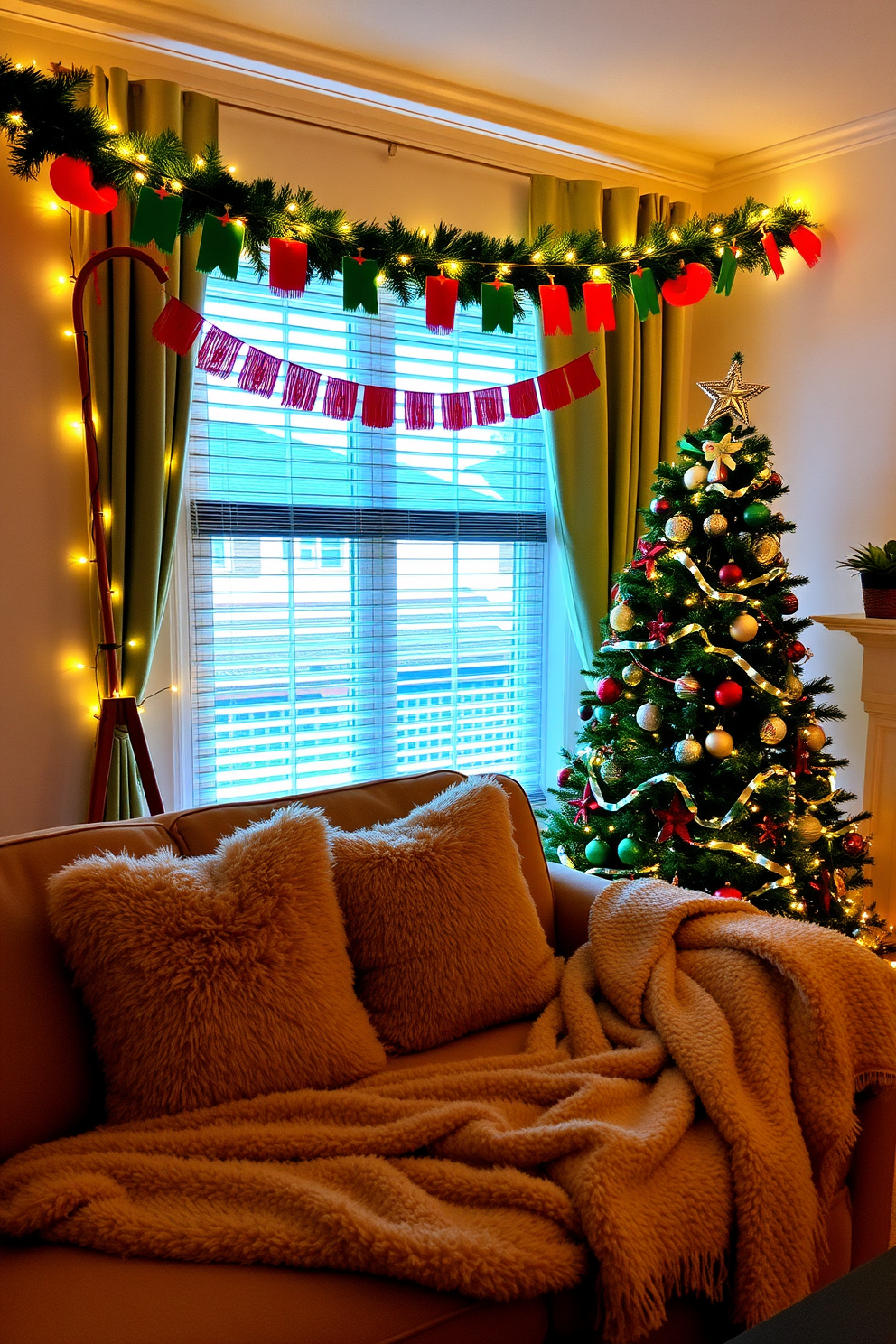 A cozy living room adorned for Christmas. A festive banner hangs across the room, decorated with red and green colors, while twinkling fairy lights illuminate the space. A beautifully decorated Christmas tree stands in the corner, adorned with ornaments and a star on top. Plush throw pillows and a warm blanket are arranged on the sofa, creating an inviting atmosphere for holiday gatherings.